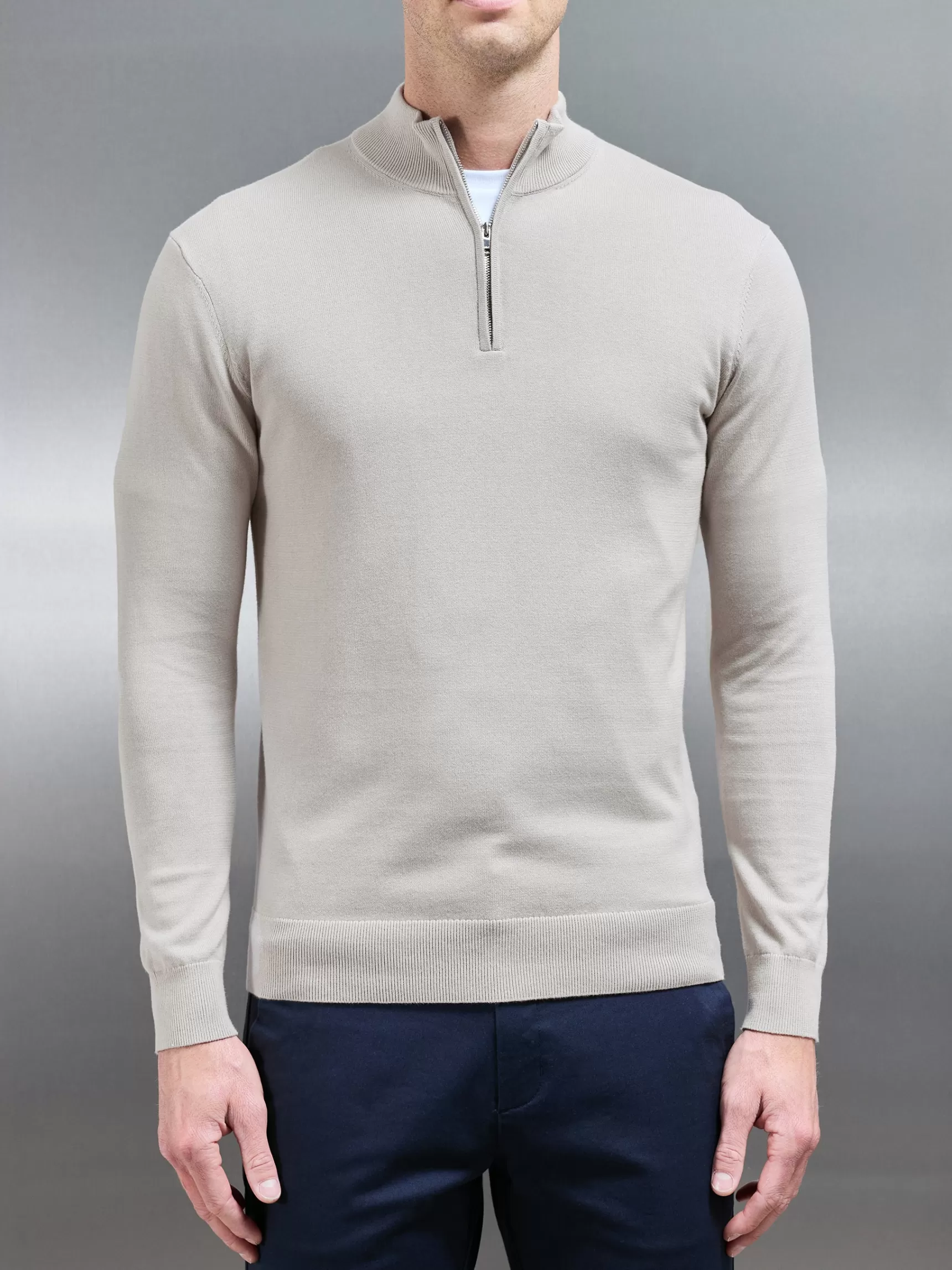 Store ARNE Cotton Knitted Half Zip Funnel Neck Jumper - Stone