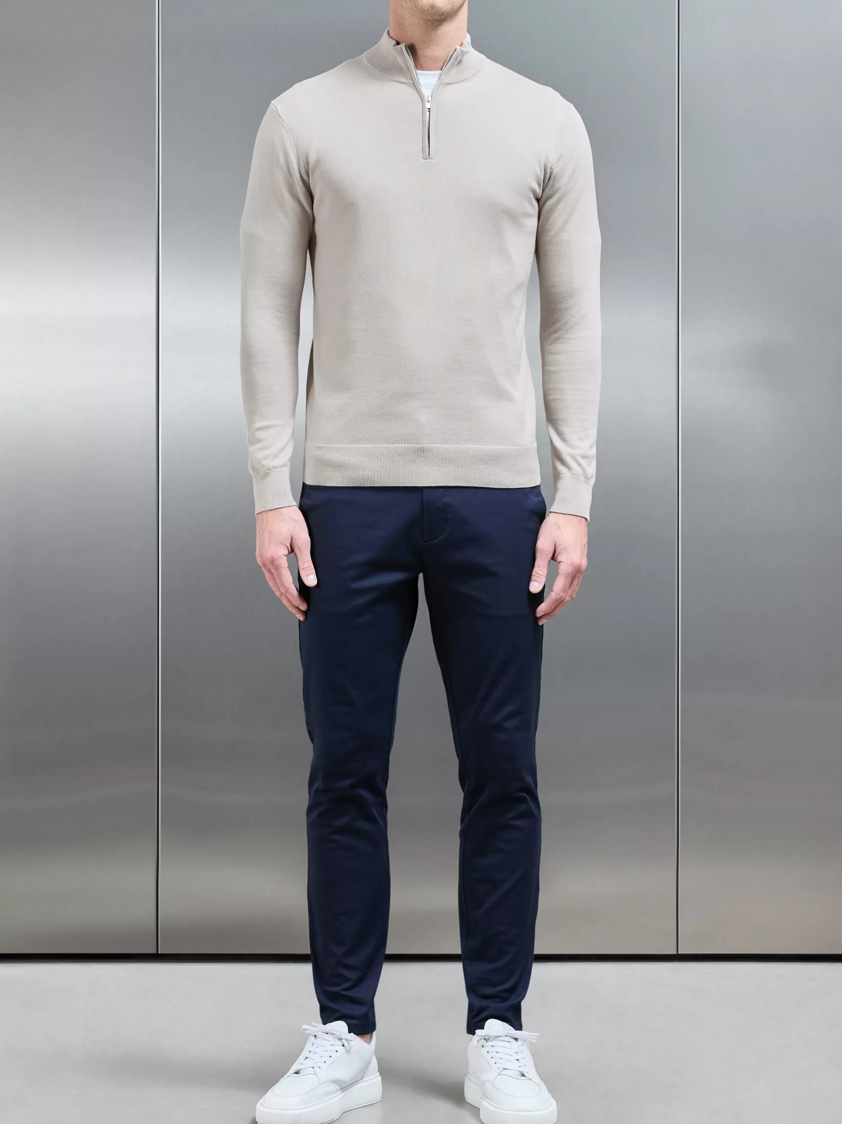 Store ARNE Cotton Knitted Half Zip Funnel Neck Jumper - Stone