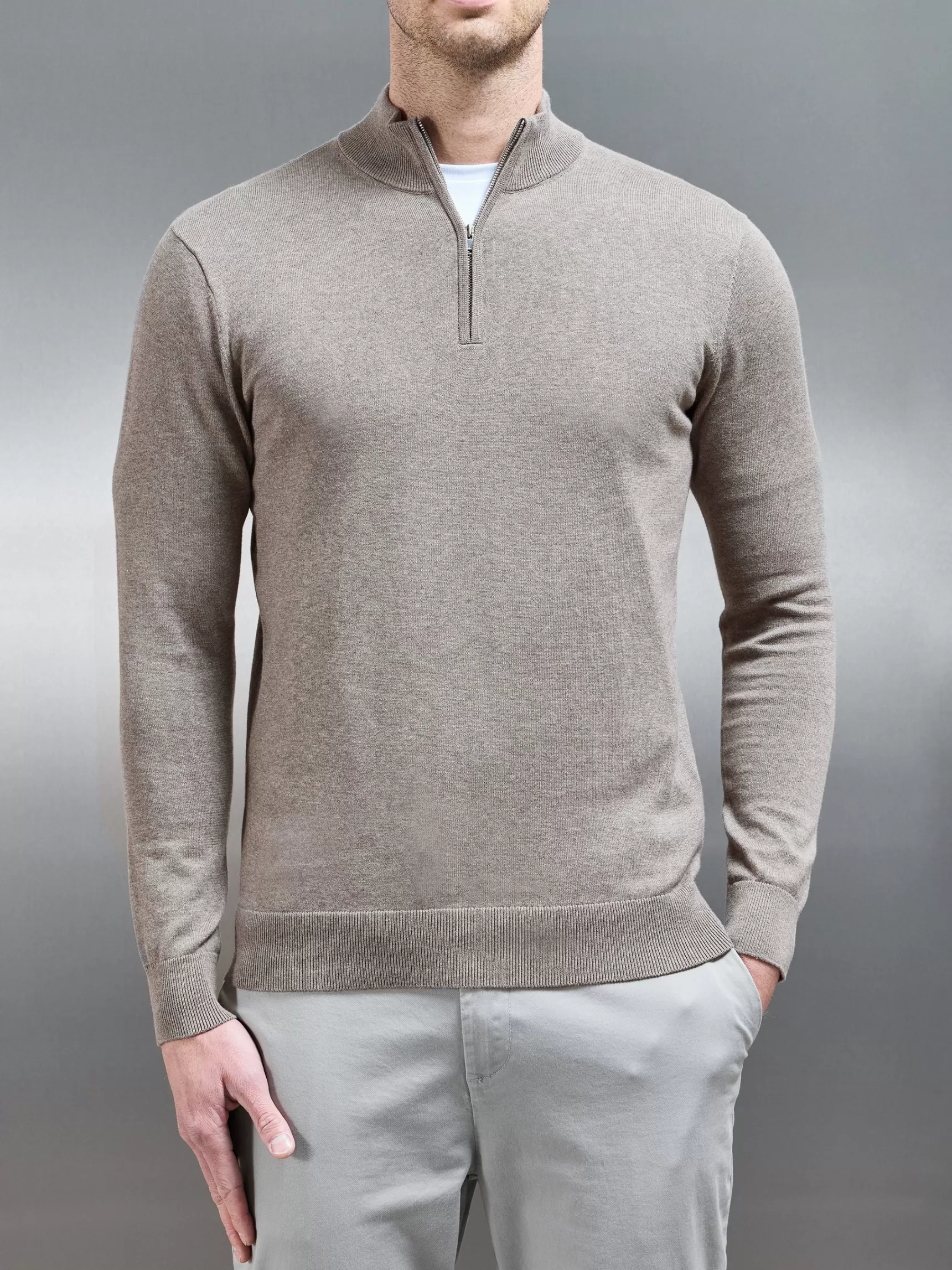 Shop ARNE Cotton Knitted Half Zip Funnel Neck Jumper - Taupe Marl TaupeMarl