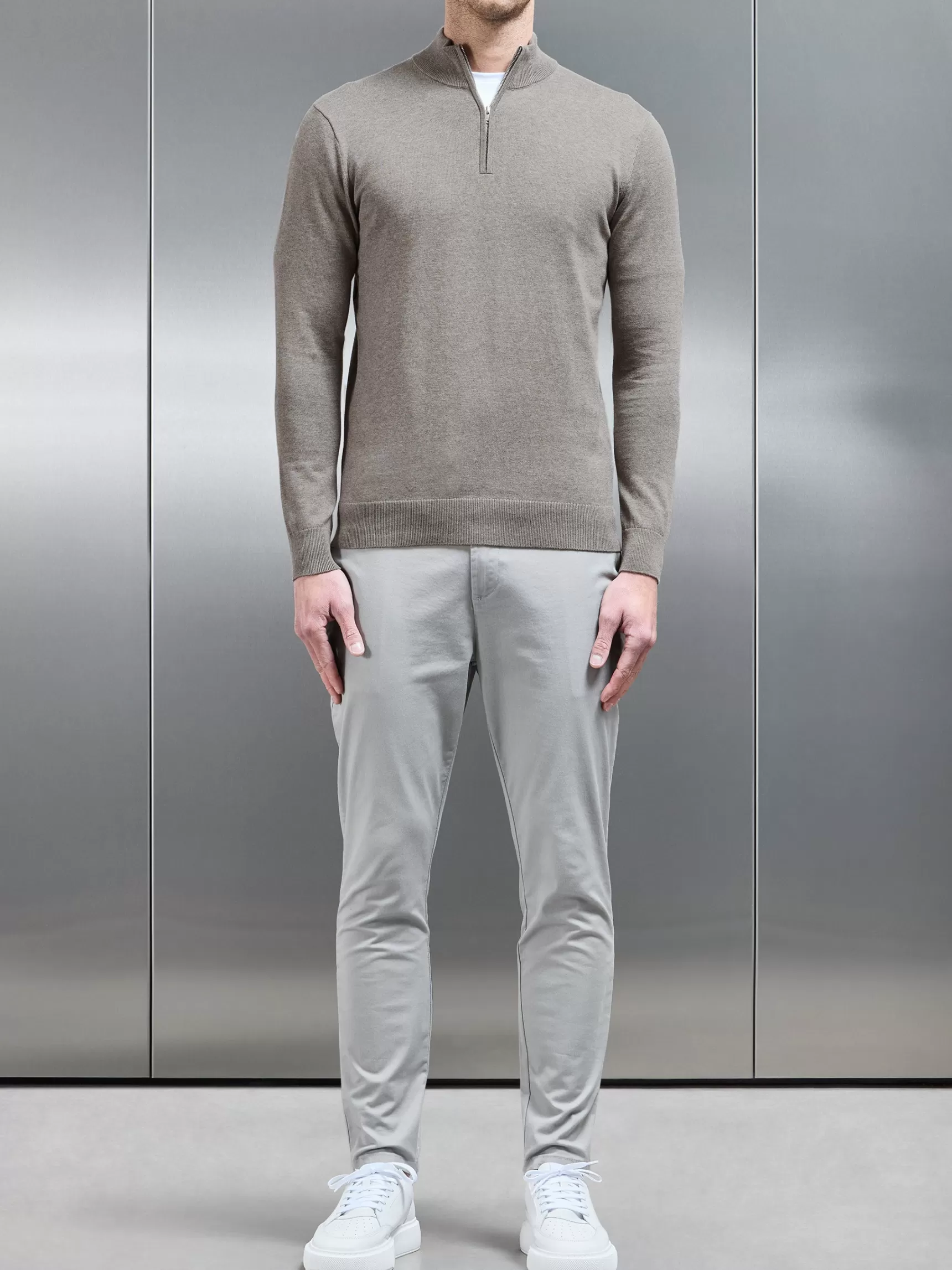Shop ARNE Cotton Knitted Half Zip Funnel Neck Jumper - Taupe Marl TaupeMarl