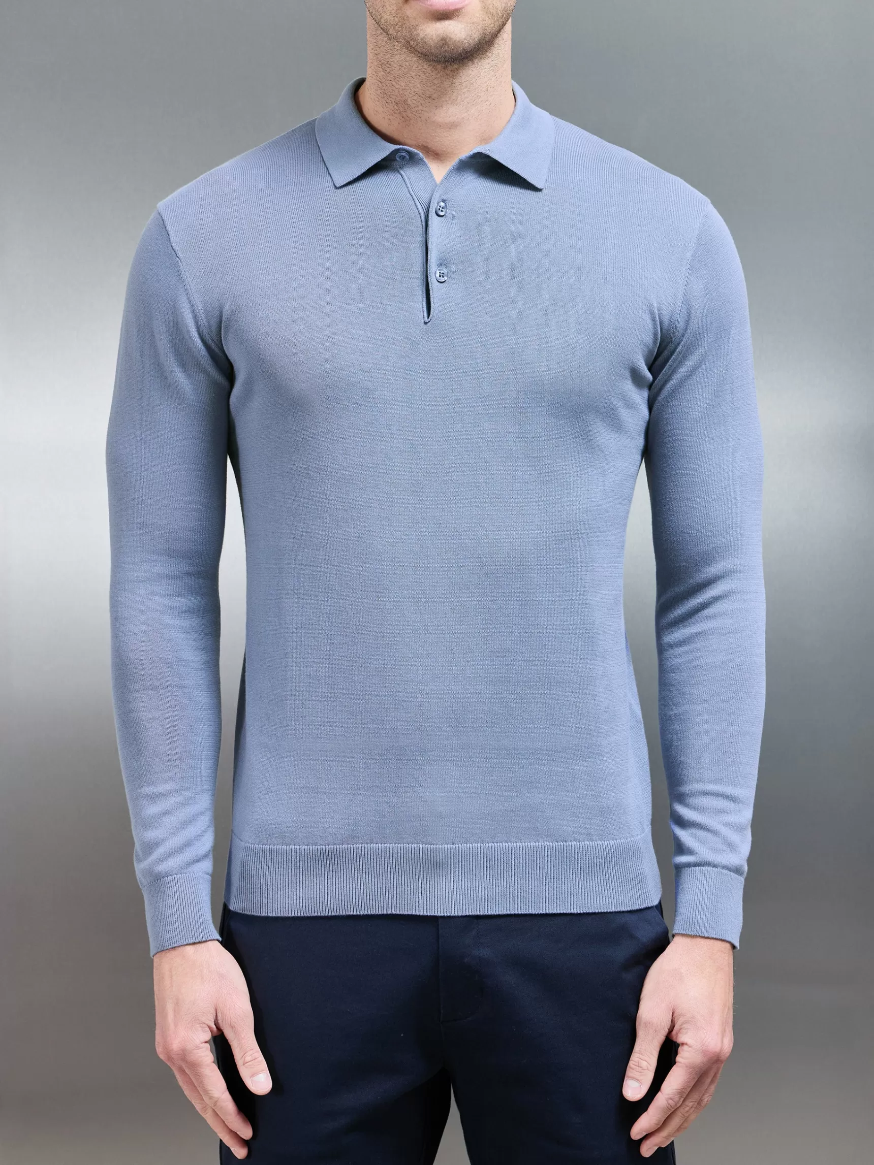 Cheap ARNE Cotton Knitted Long Sleeve Button Polo - Silk Blue SilkBlue