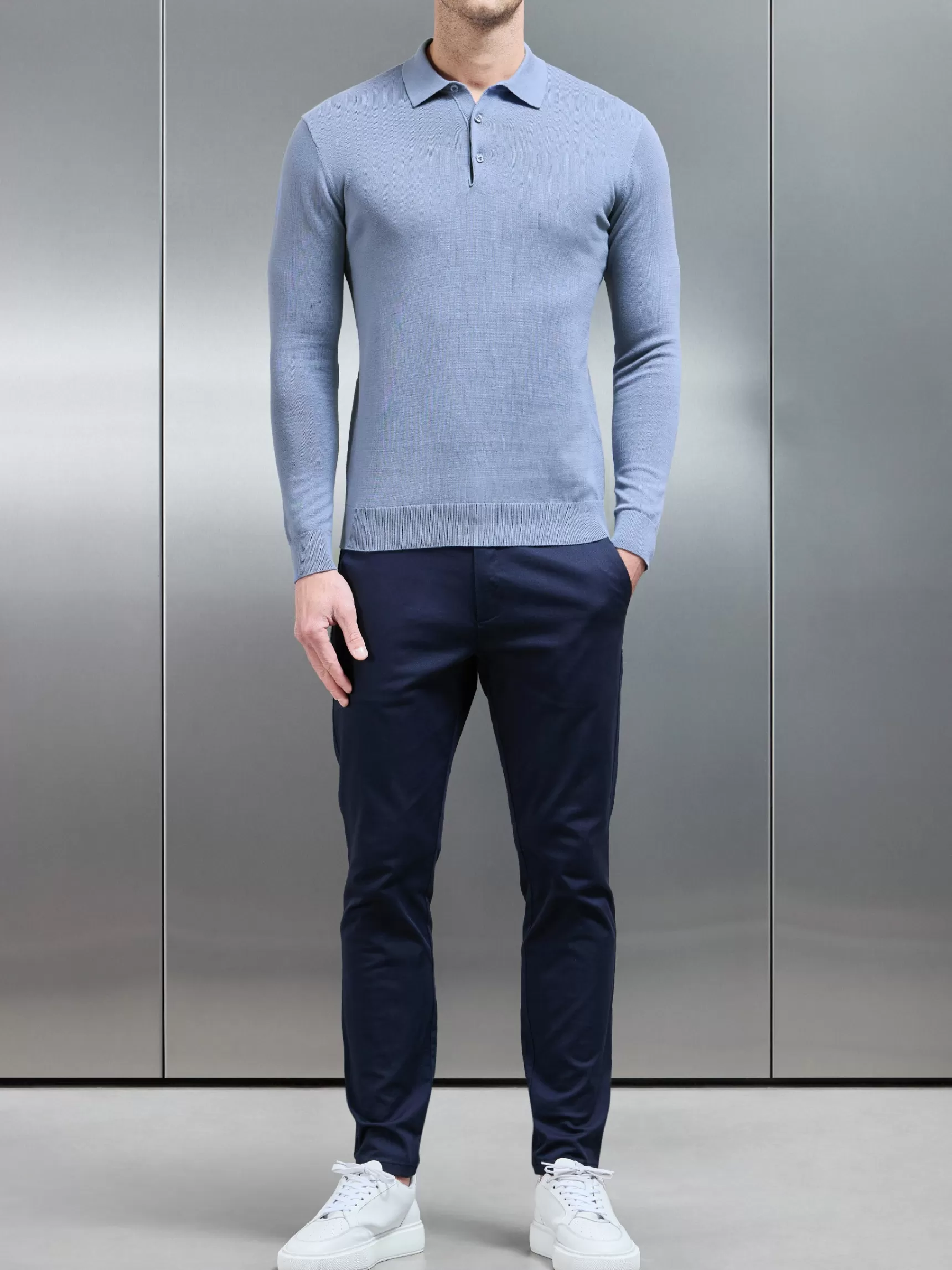 Cheap ARNE Cotton Knitted Long Sleeve Button Polo - Silk Blue SilkBlue