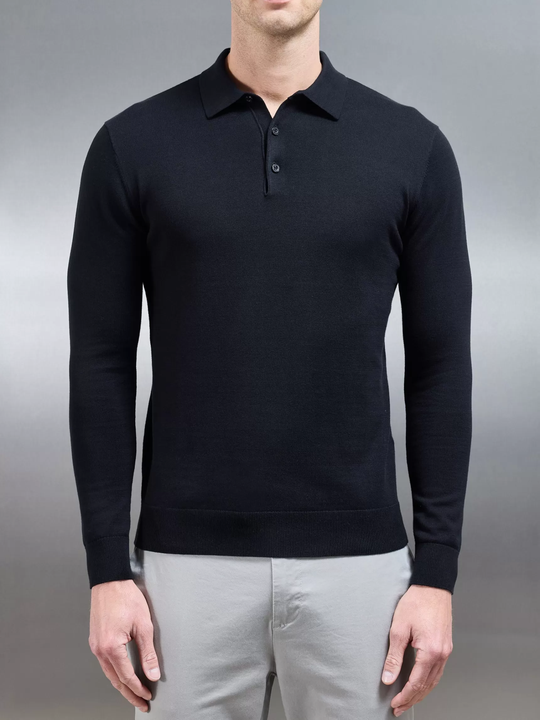 Outlet ARNE Cotton Knitted Long Sleeve Button Polo Shirt - Black