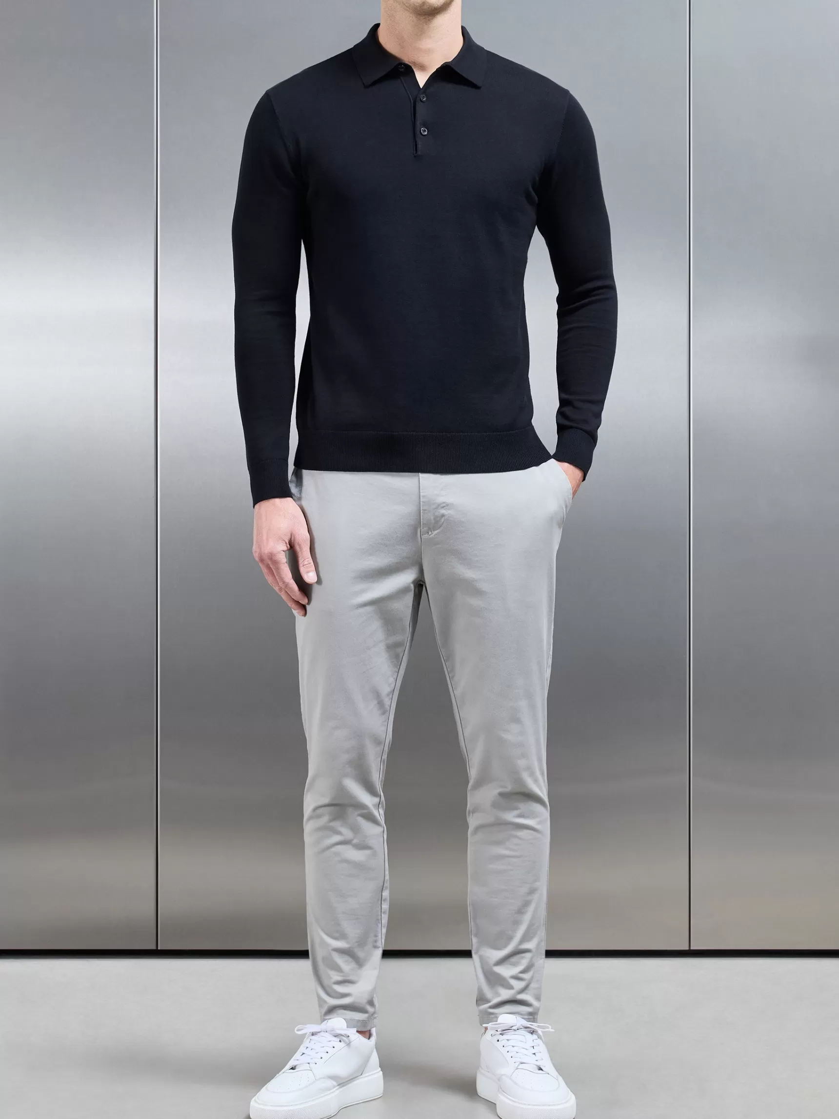 Outlet ARNE Cotton Knitted Long Sleeve Button Polo Shirt - Black