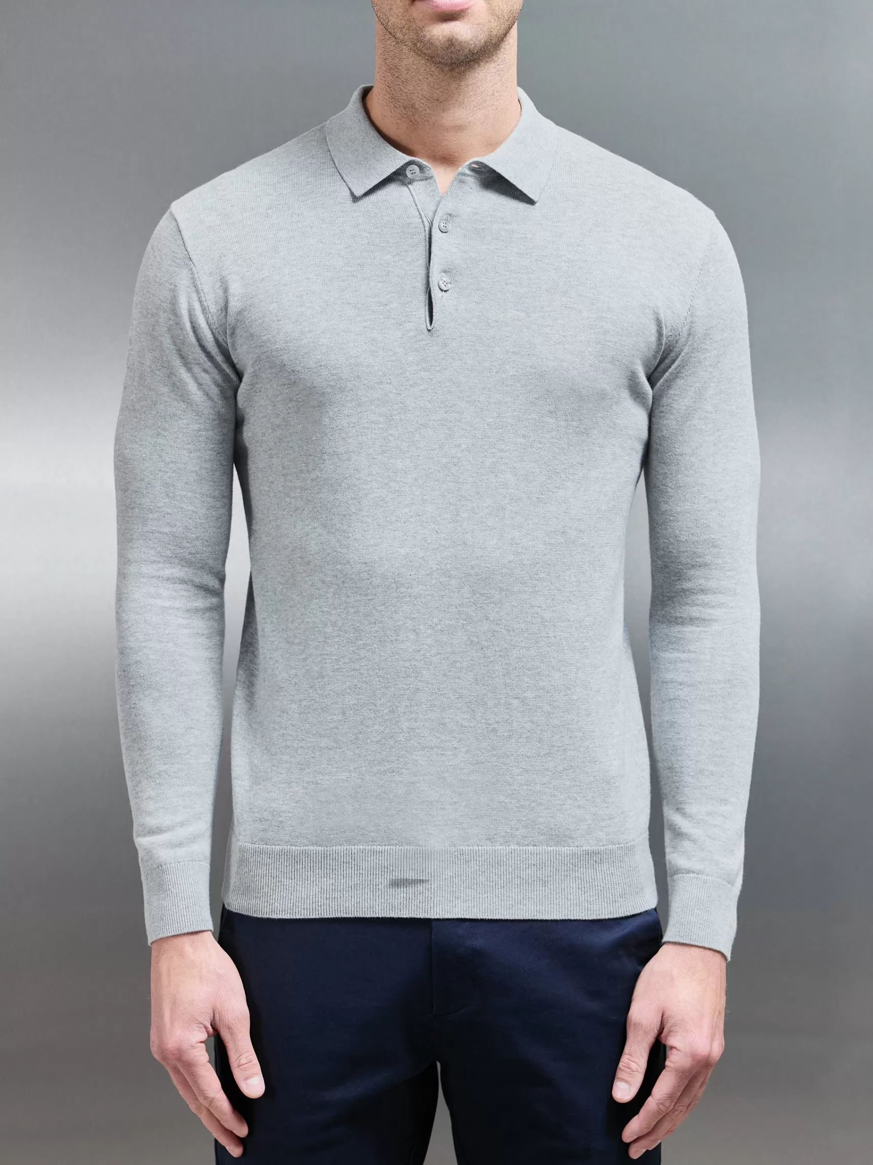 Store ARNE Cotton Knitted Long Sleeve Button Polo Shirt - Marl Grey MarlGrey