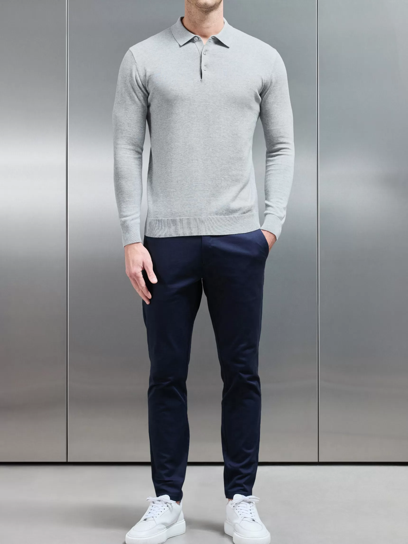 Store ARNE Cotton Knitted Long Sleeve Button Polo Shirt - Marl Grey MarlGrey