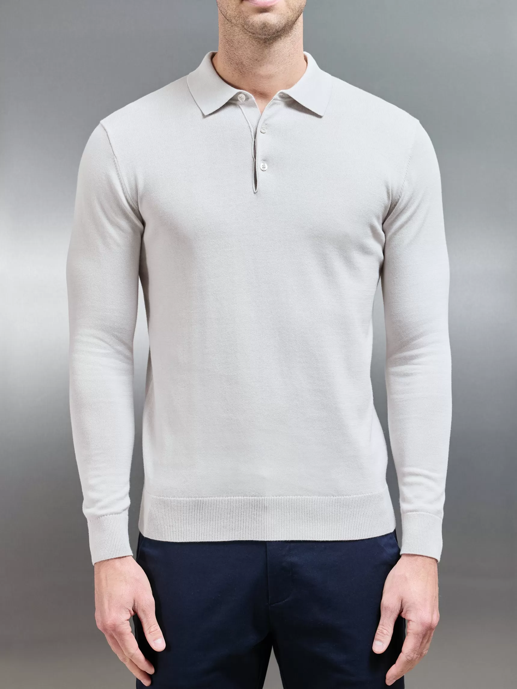 Hot ARNE Cotton Knitted Long Sleeve Button Polo Shirt - Mid Grey MidGrey