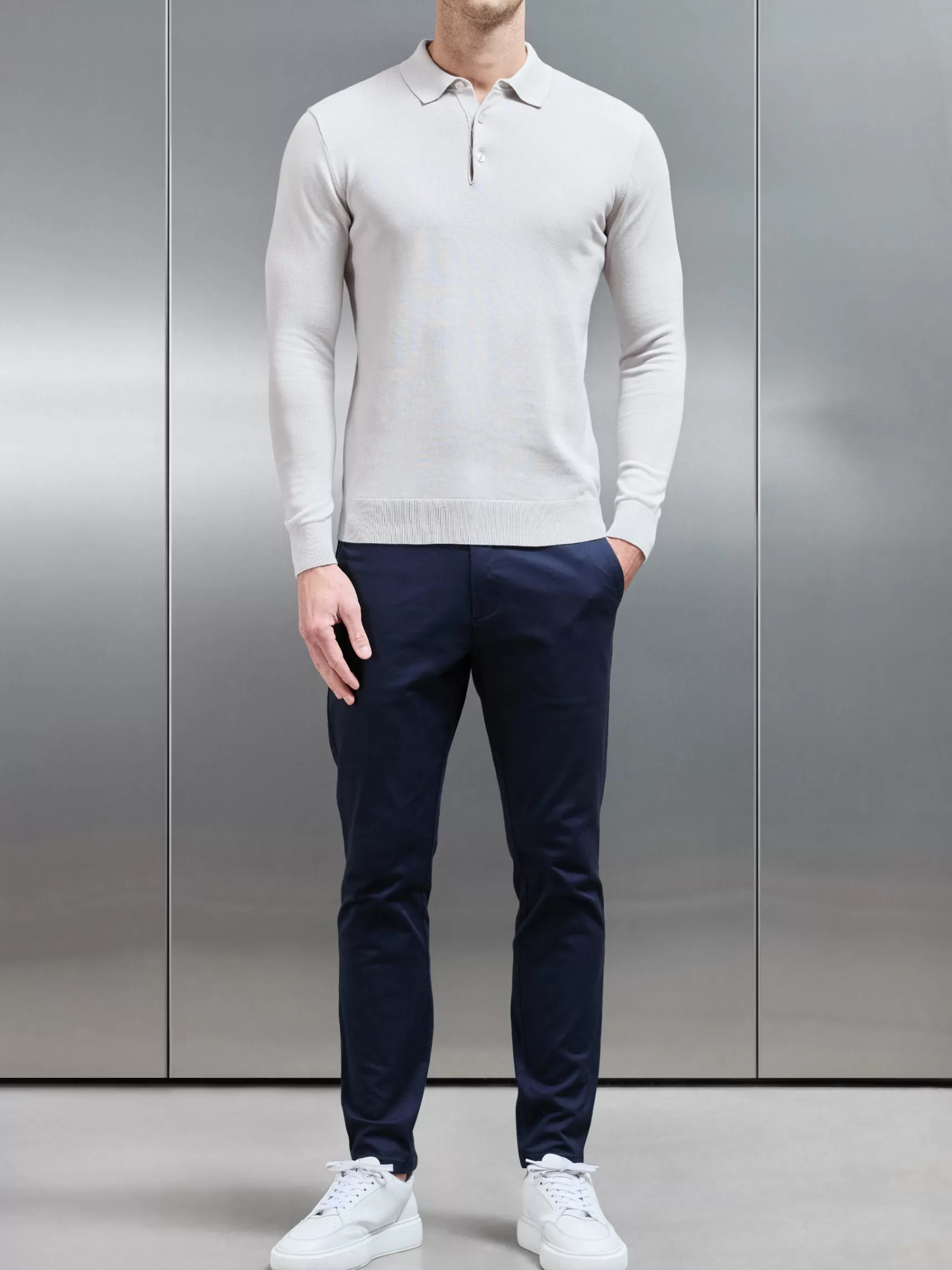 Hot ARNE Cotton Knitted Long Sleeve Button Polo Shirt - Mid Grey MidGrey
