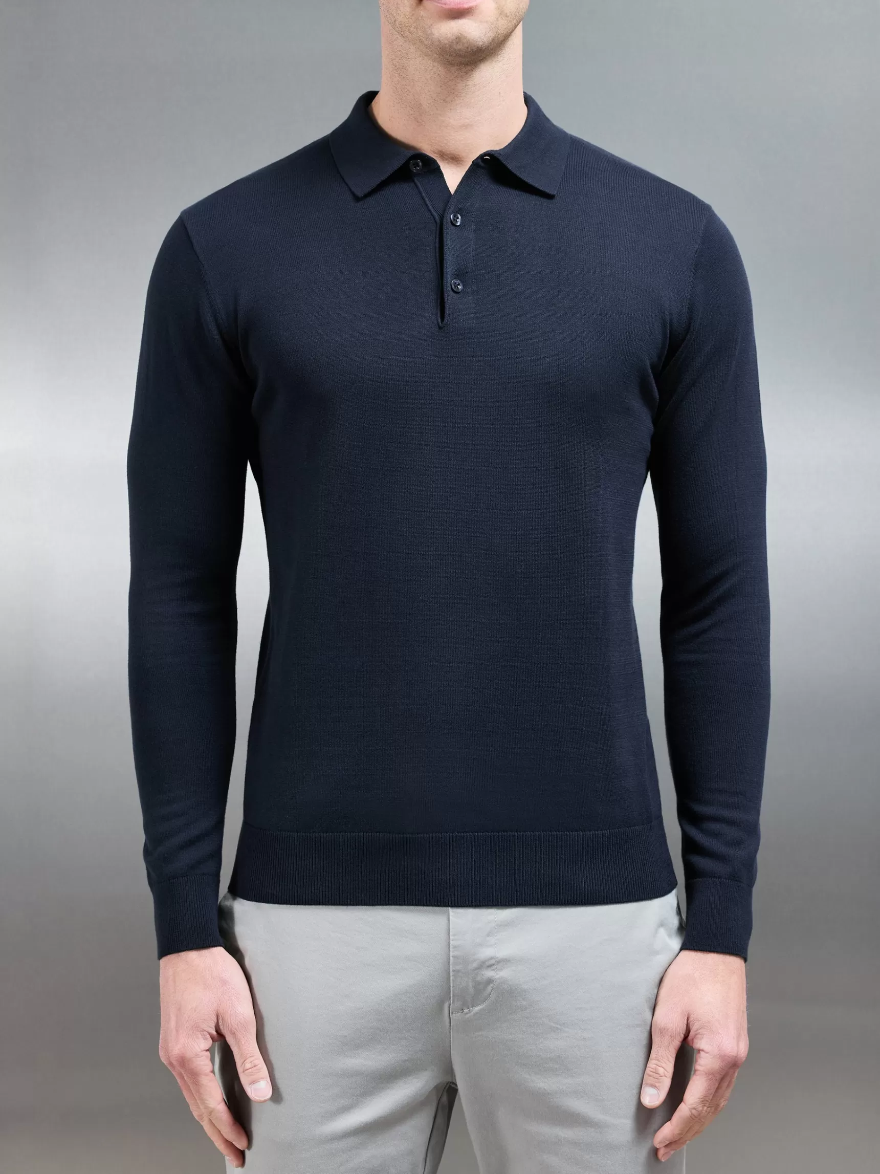 Online ARNE Cotton Knitted Long Sleeve Button Polo Shirt - Navy