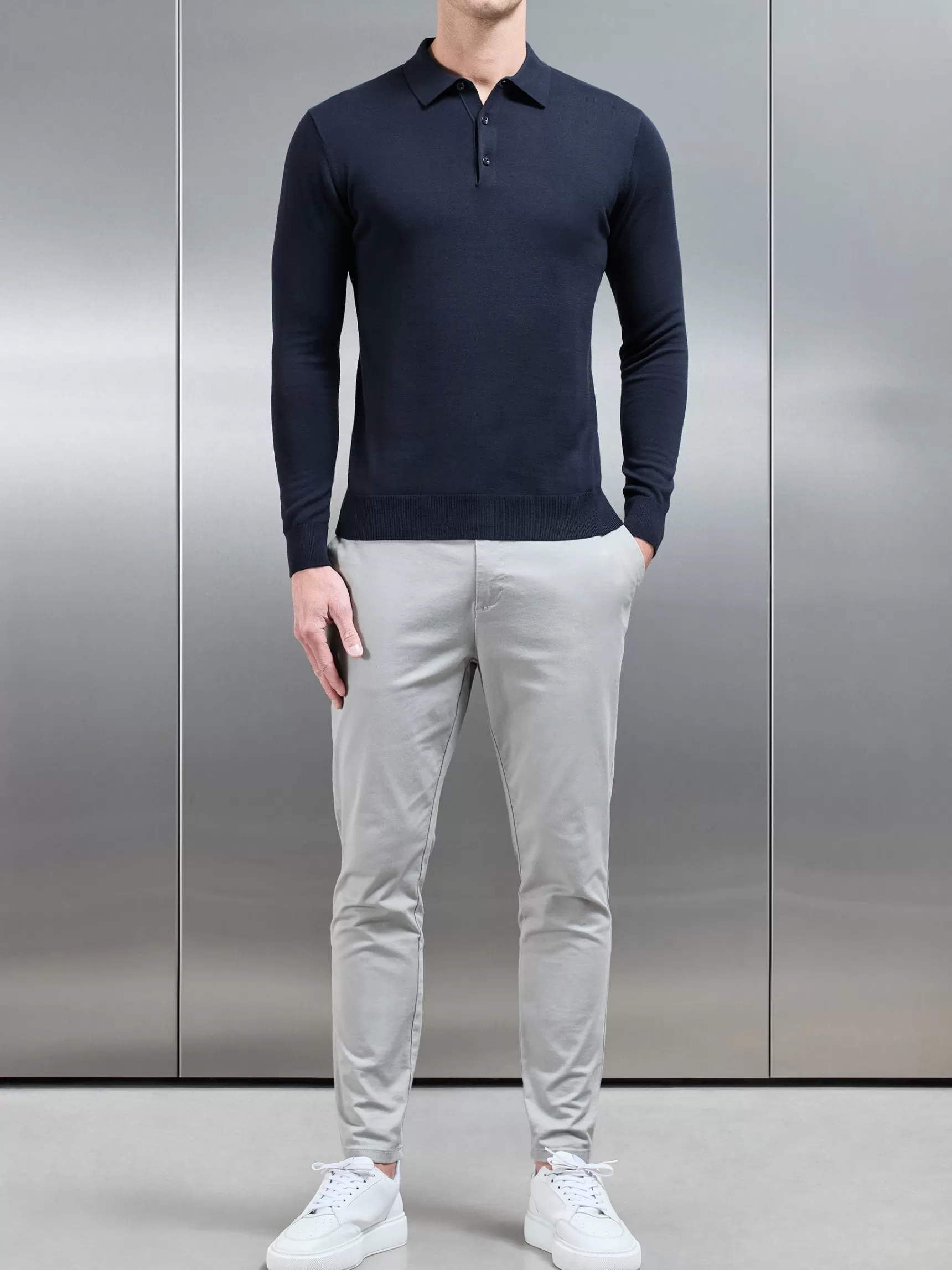 Online ARNE Cotton Knitted Long Sleeve Button Polo Shirt - Navy