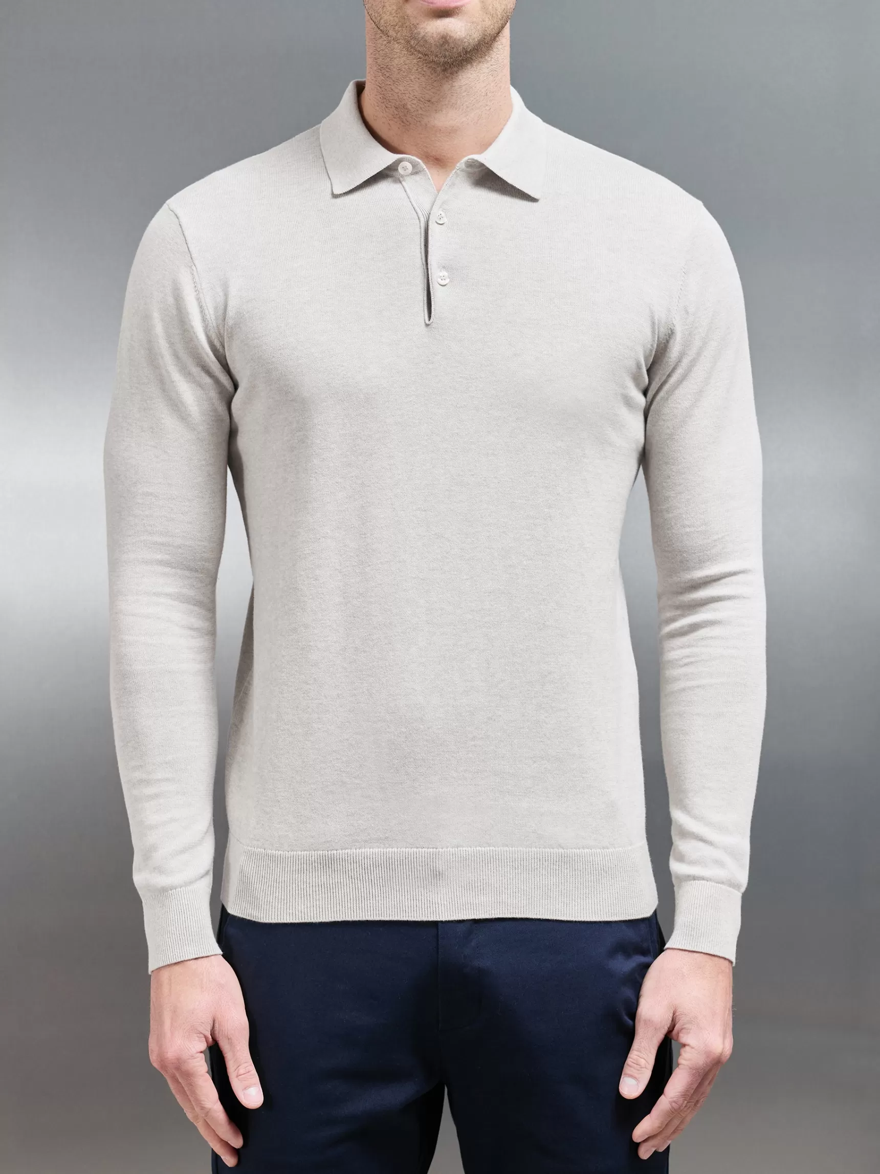 Hot ARNE Cotton Knitted Long Sleeve Button Polo Shirt - Oatmeal