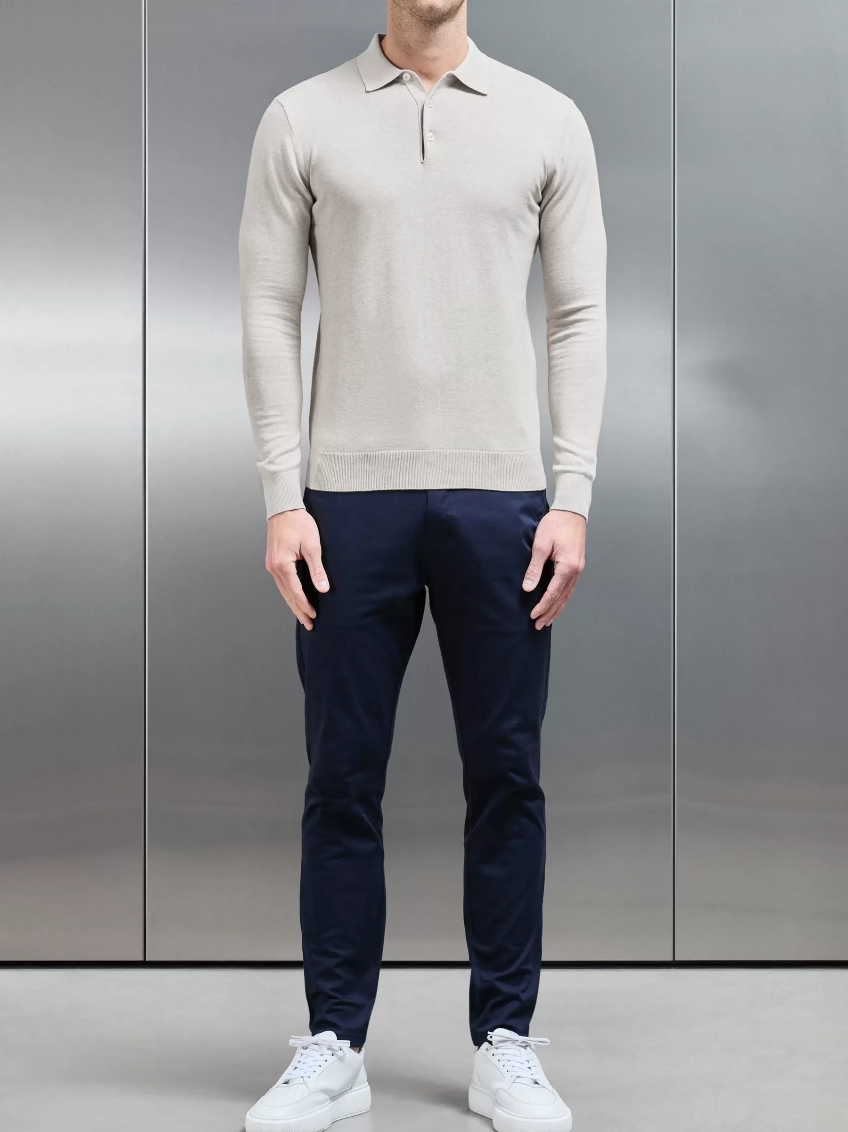 Hot ARNE Cotton Knitted Long Sleeve Button Polo Shirt - Oatmeal