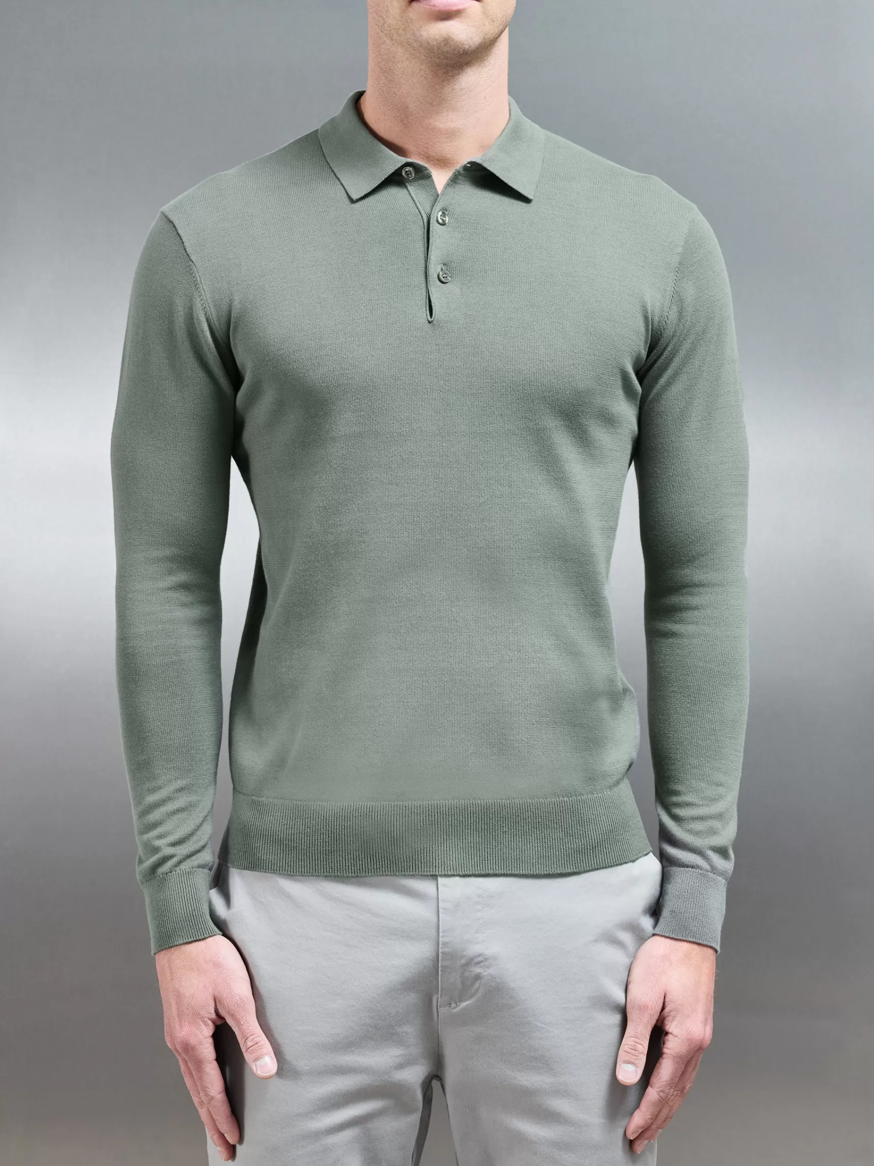 Sale ARNE Cotton Knitted Long Sleeve Button Polo Shirt - Sage