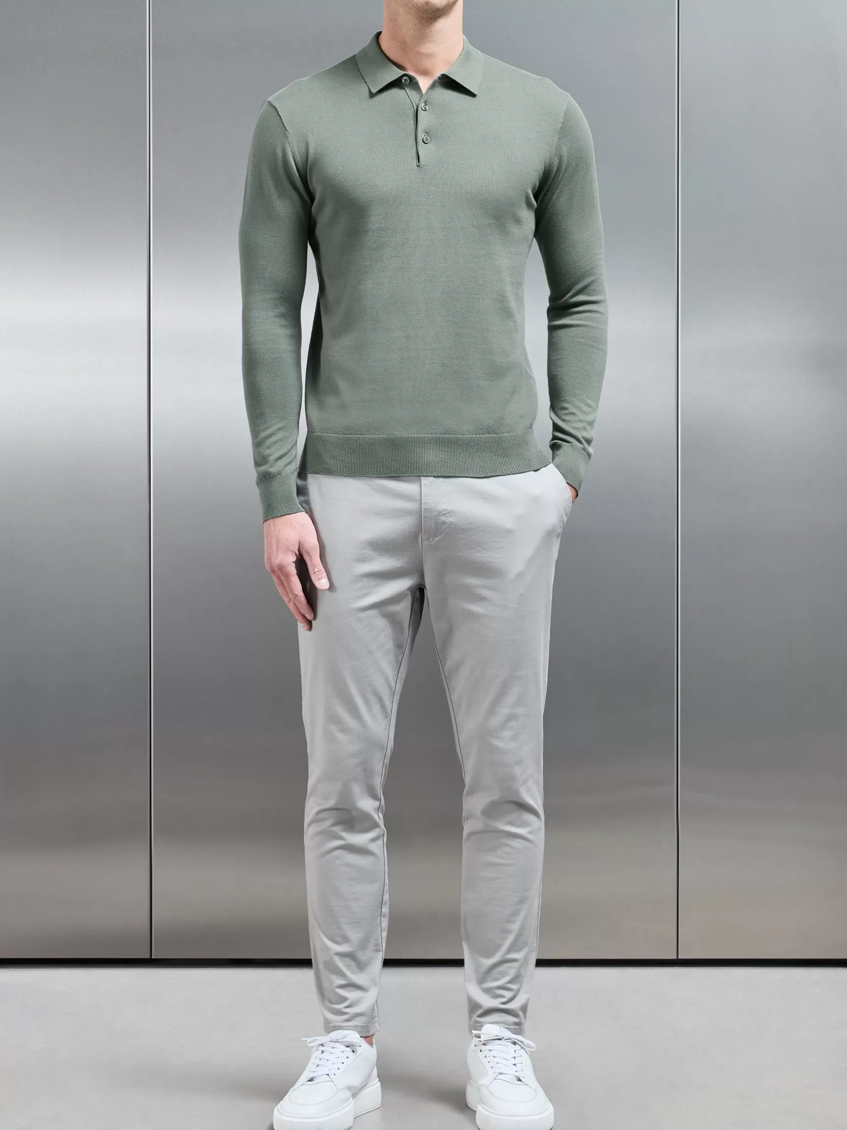 Sale ARNE Cotton Knitted Long Sleeve Button Polo Shirt - Sage