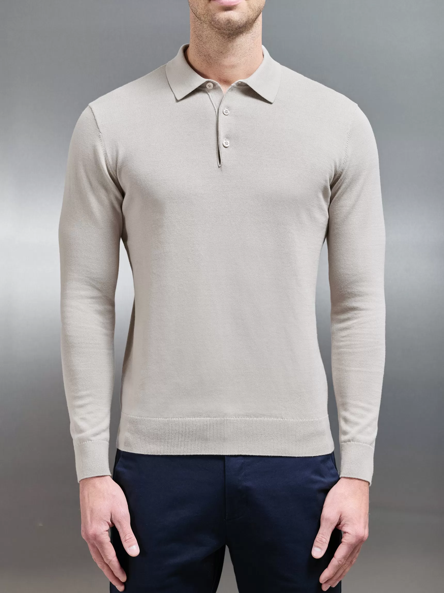 Online ARNE Cotton Knitted Long Sleeve Button Polo Shirt - Stone