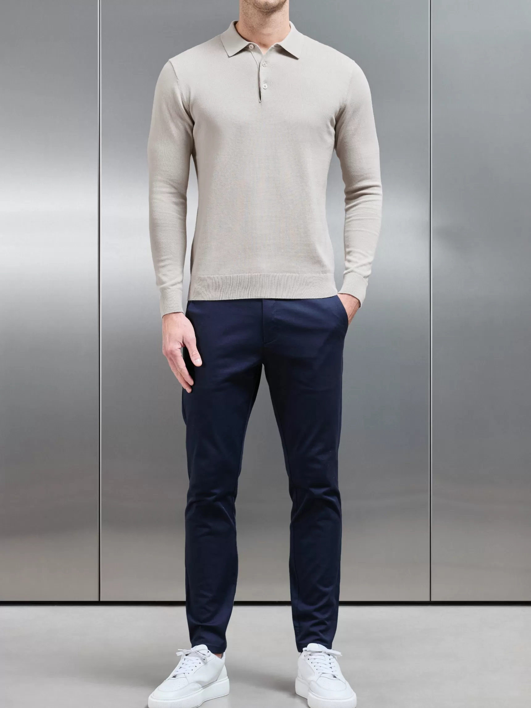 Online ARNE Cotton Knitted Long Sleeve Button Polo Shirt - Stone