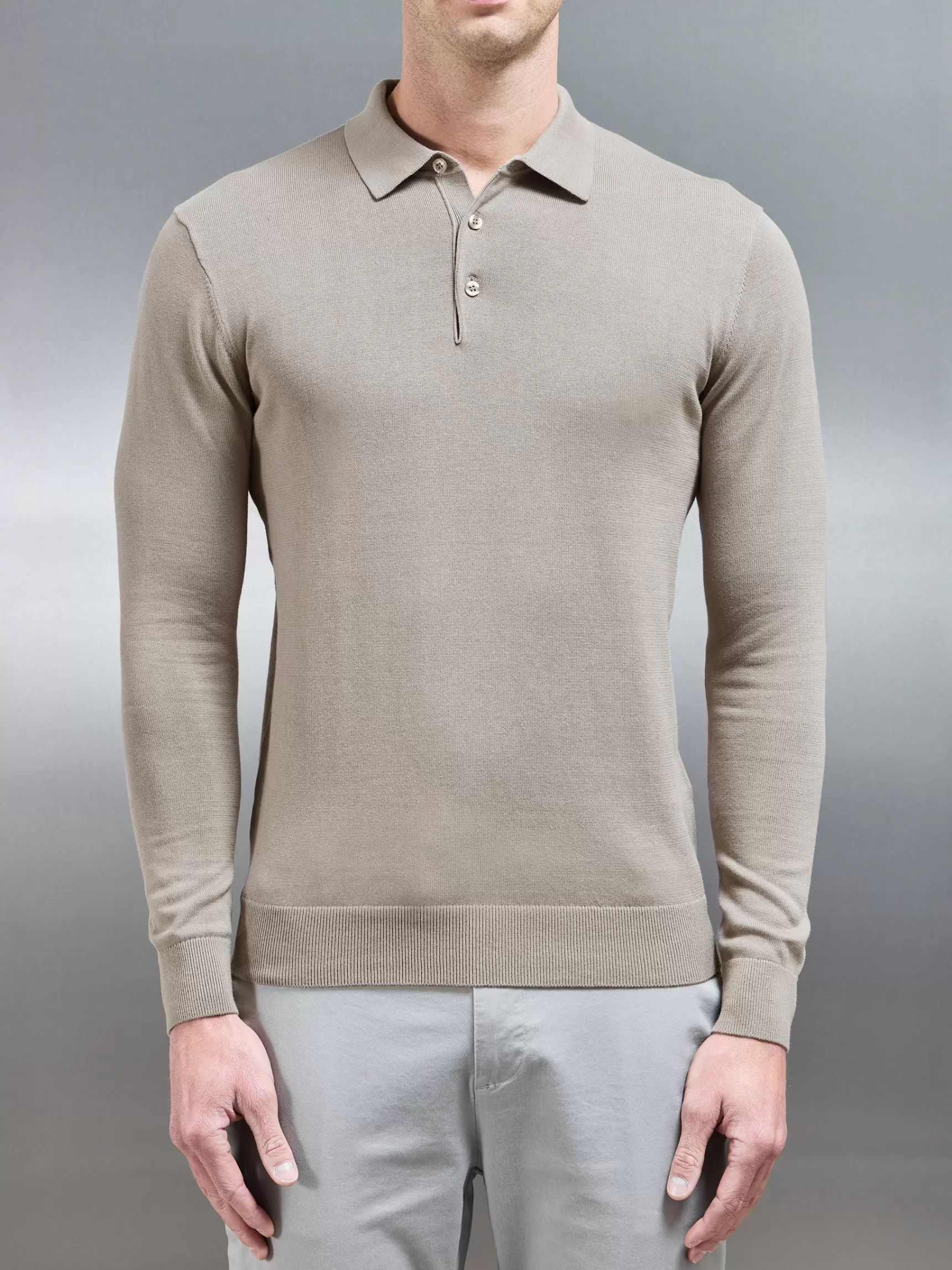 Store ARNE Cotton Knitted Long Sleeve Button Polo Shirt - Taupe