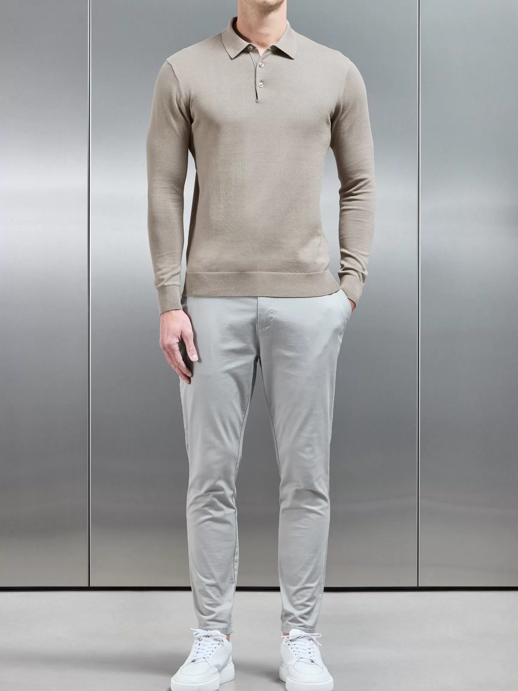 Store ARNE Cotton Knitted Long Sleeve Button Polo Shirt - Taupe