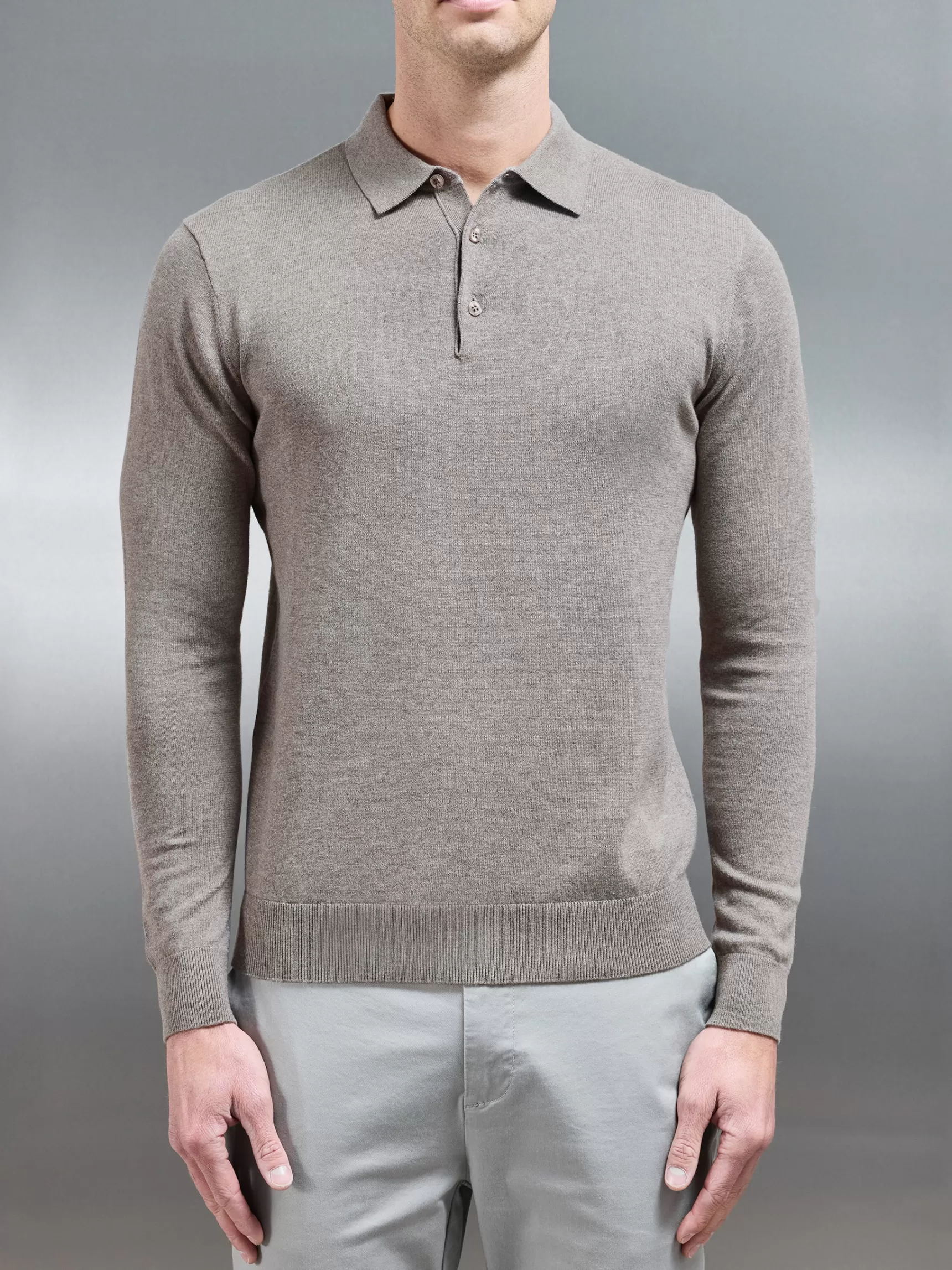 Online ARNE Cotton Knitted Long Sleeve Button Polo Shirt - Taupe Marl TaupeMarl