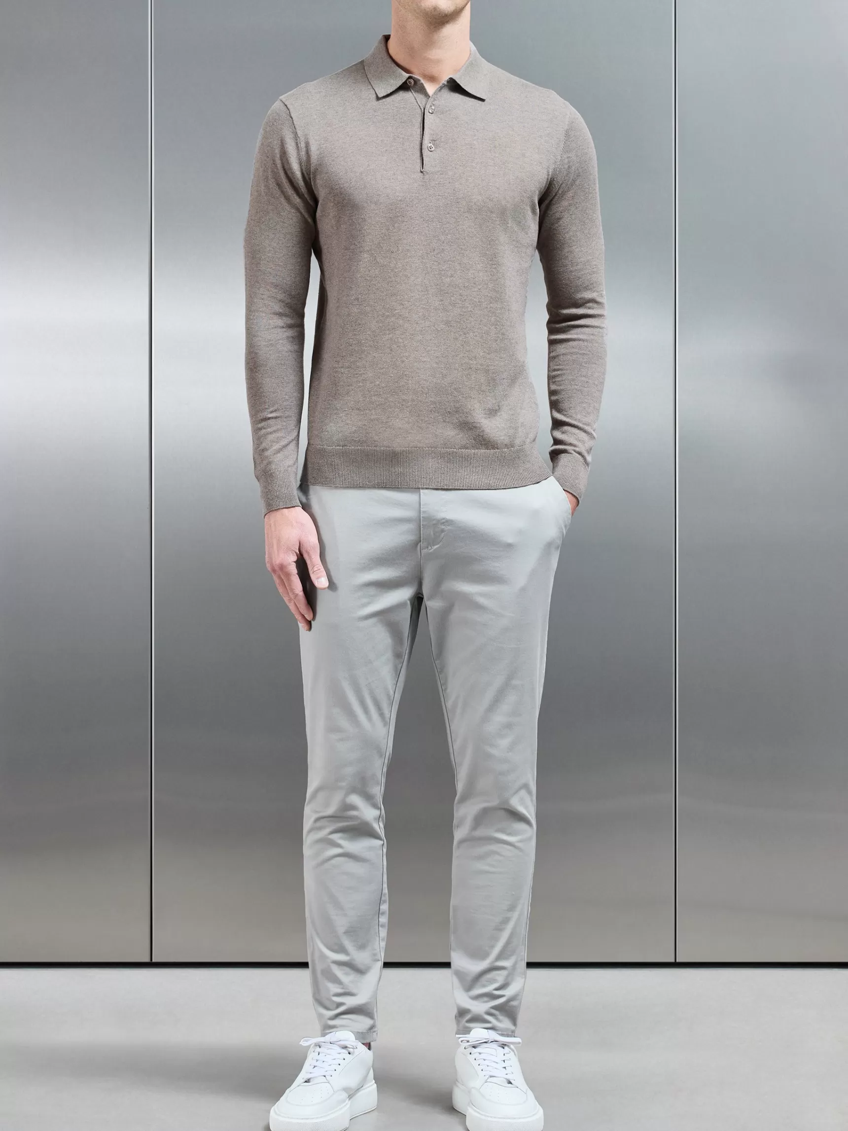 Online ARNE Cotton Knitted Long Sleeve Button Polo Shirt - Taupe Marl TaupeMarl
