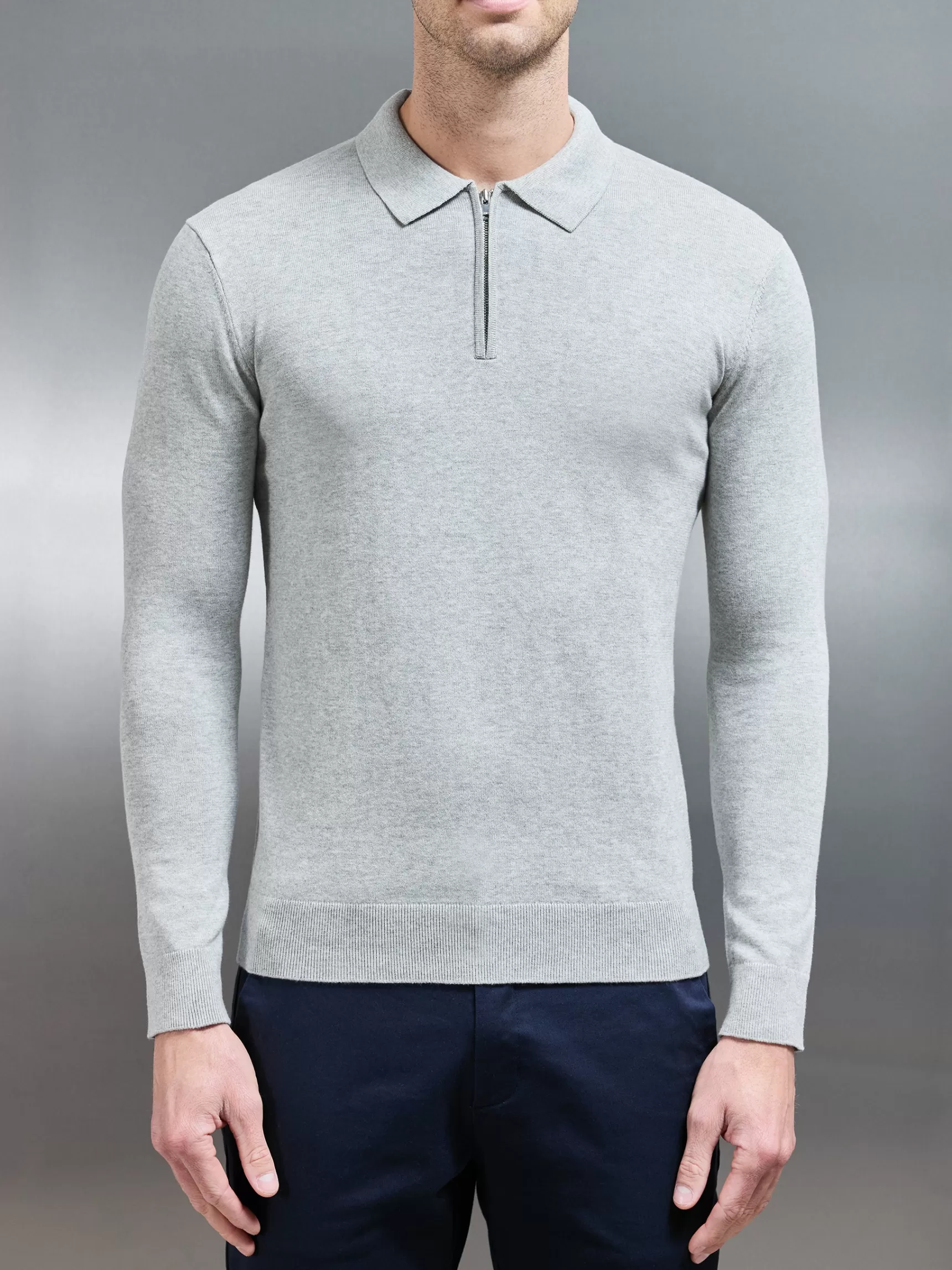 Cheap ARNE Cotton Knitted Long Sleeve Half Zip Polo Shirt - Marl Grey MarlGrey
