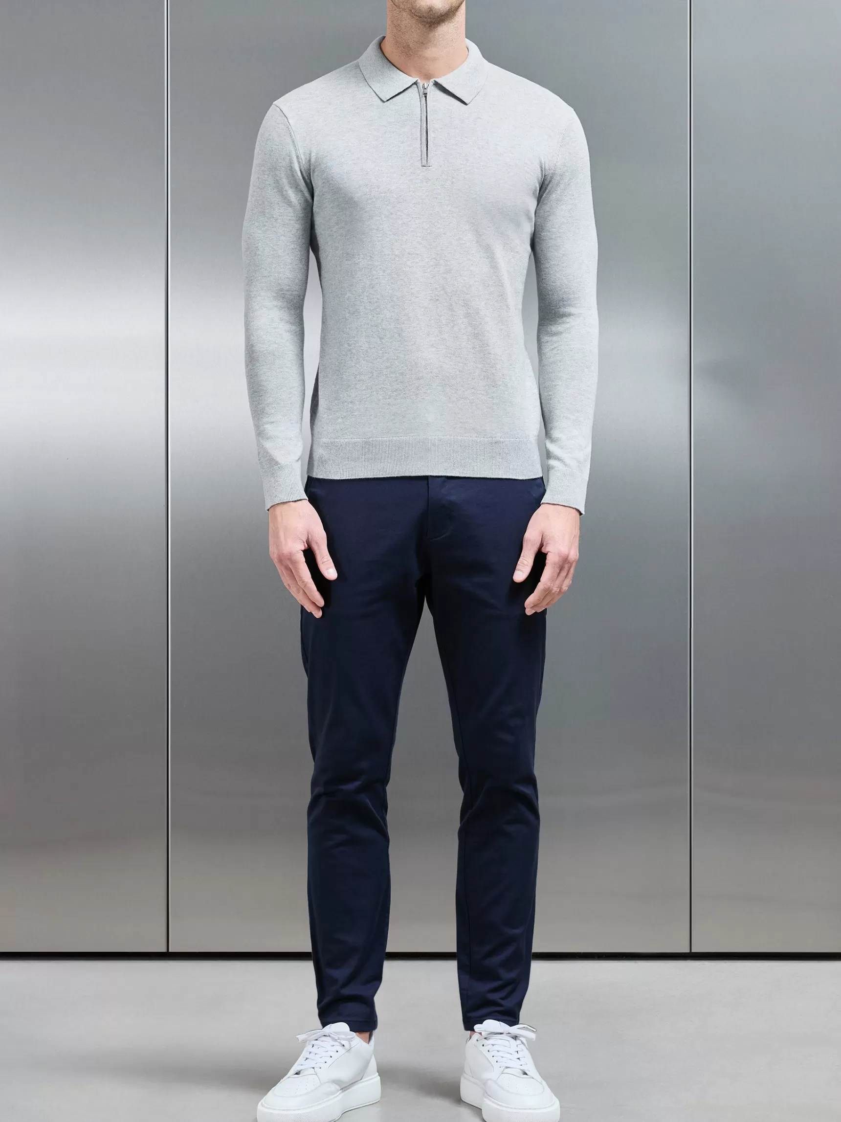 Cheap ARNE Cotton Knitted Long Sleeve Half Zip Polo Shirt - Marl Grey MarlGrey