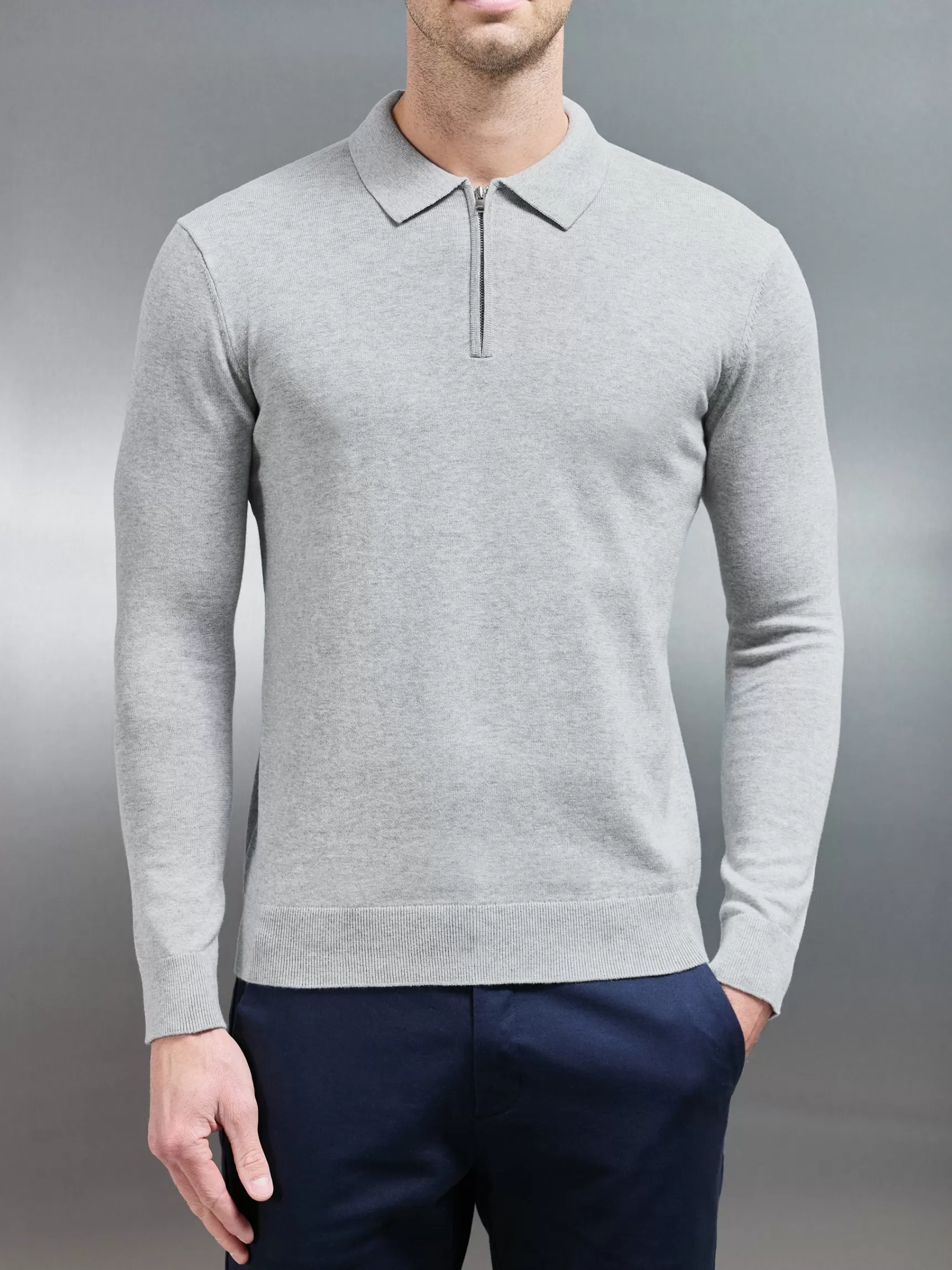 Cheap ARNE Cotton Knitted Long Sleeve Half Zip Polo Shirt - Marl Grey MarlGrey