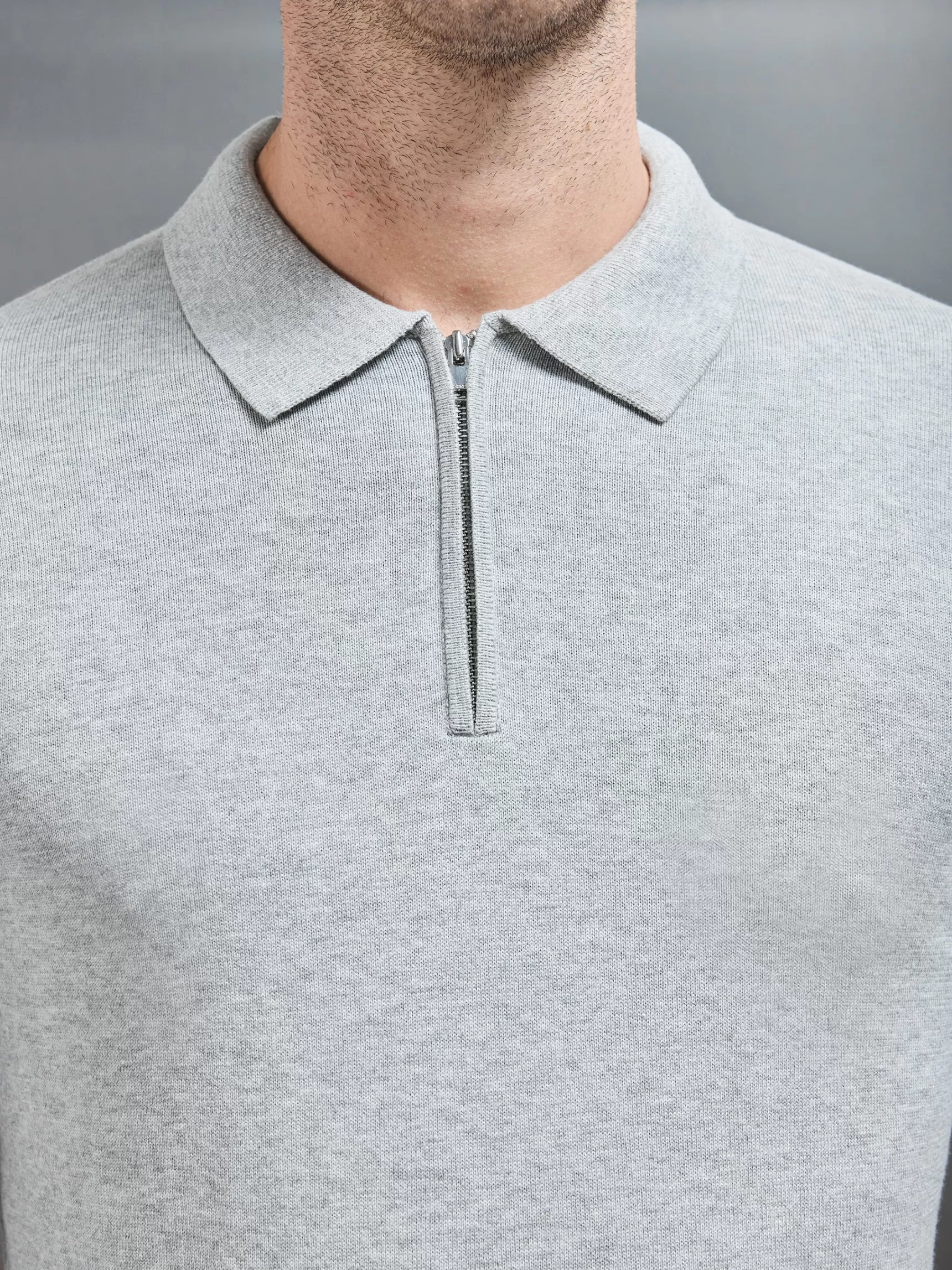 Cheap ARNE Cotton Knitted Long Sleeve Half Zip Polo Shirt - Marl Grey MarlGrey