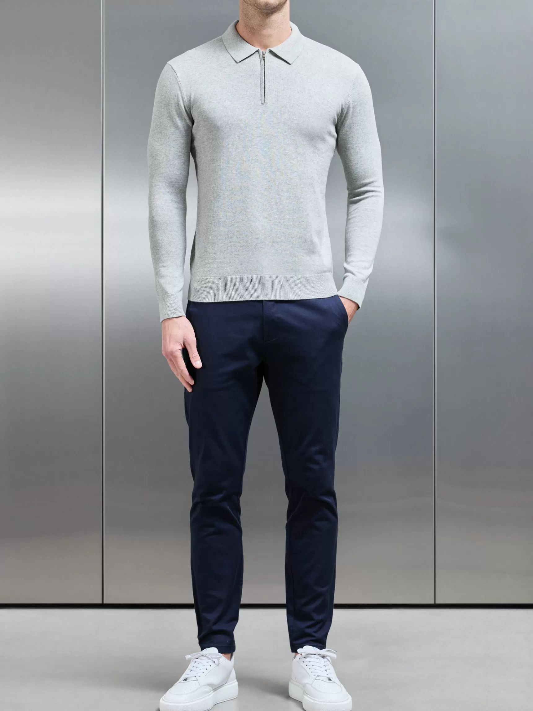 Cheap ARNE Cotton Knitted Long Sleeve Half Zip Polo Shirt - Marl Grey MarlGrey