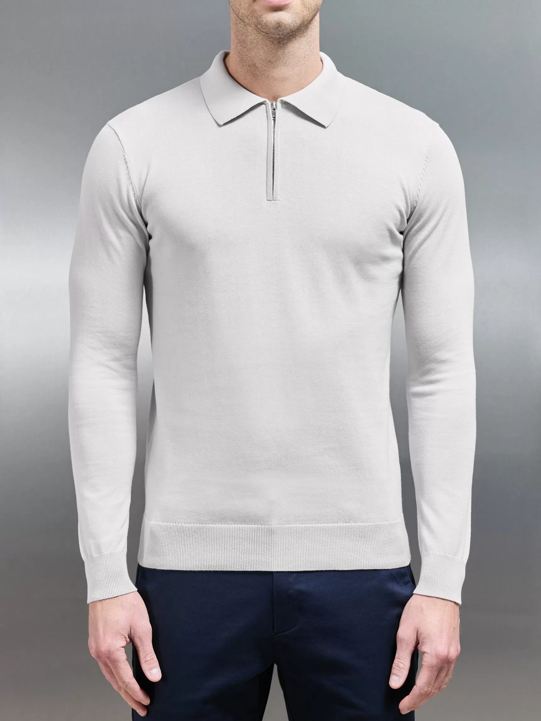 Clearance ARNE Cotton Knitted Long Sleeve Half Zip Polo Shirt - Mid Grey MidGrey