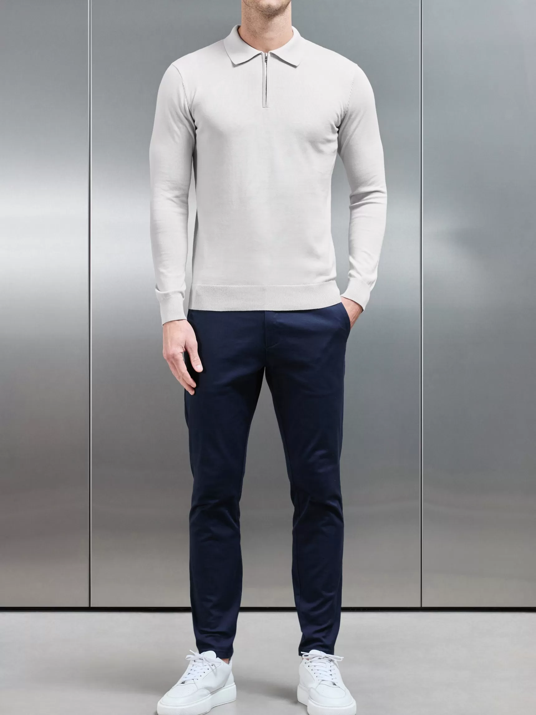 Clearance ARNE Cotton Knitted Long Sleeve Half Zip Polo Shirt - Mid Grey MidGrey