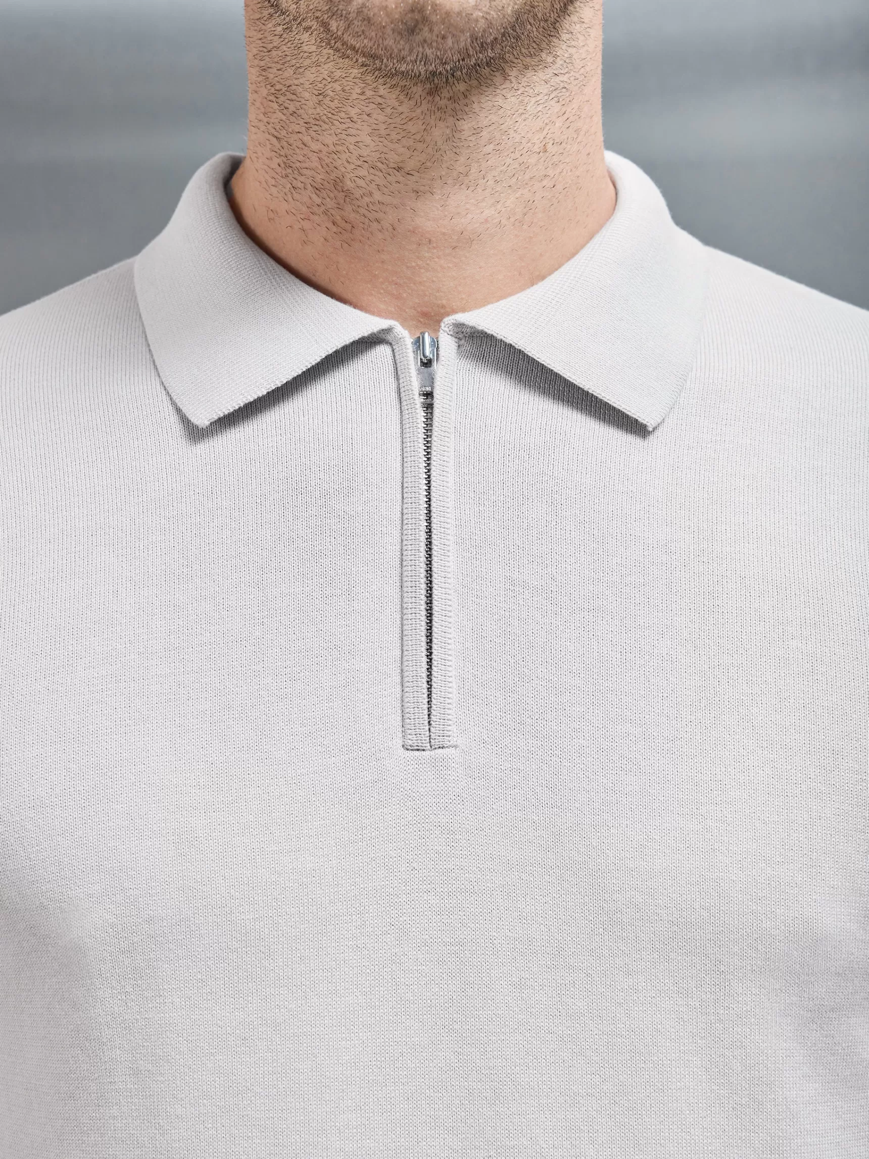 Clearance ARNE Cotton Knitted Long Sleeve Half Zip Polo Shirt - Mid Grey MidGrey