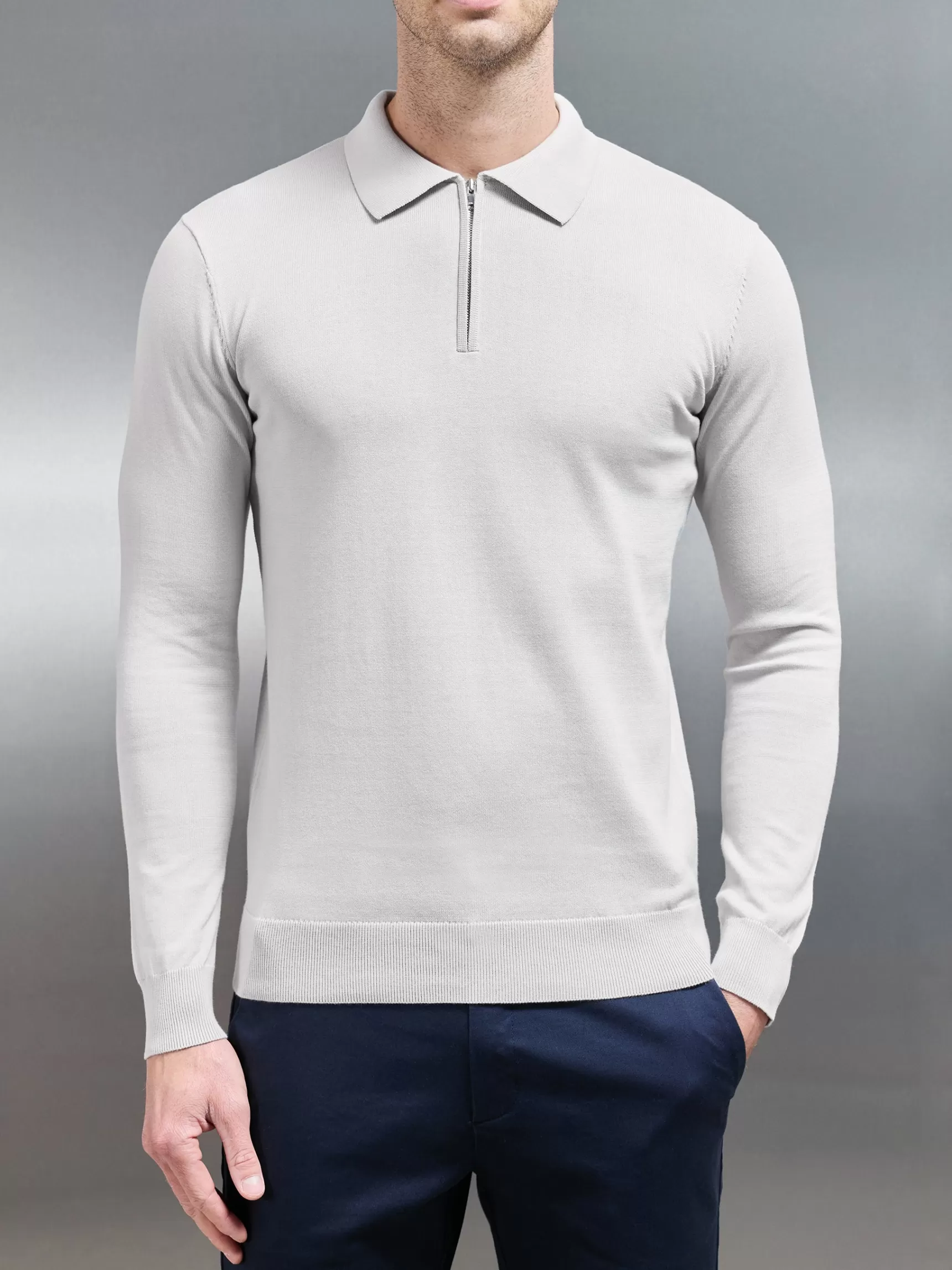 Clearance ARNE Cotton Knitted Long Sleeve Half Zip Polo Shirt - Mid Grey MidGrey