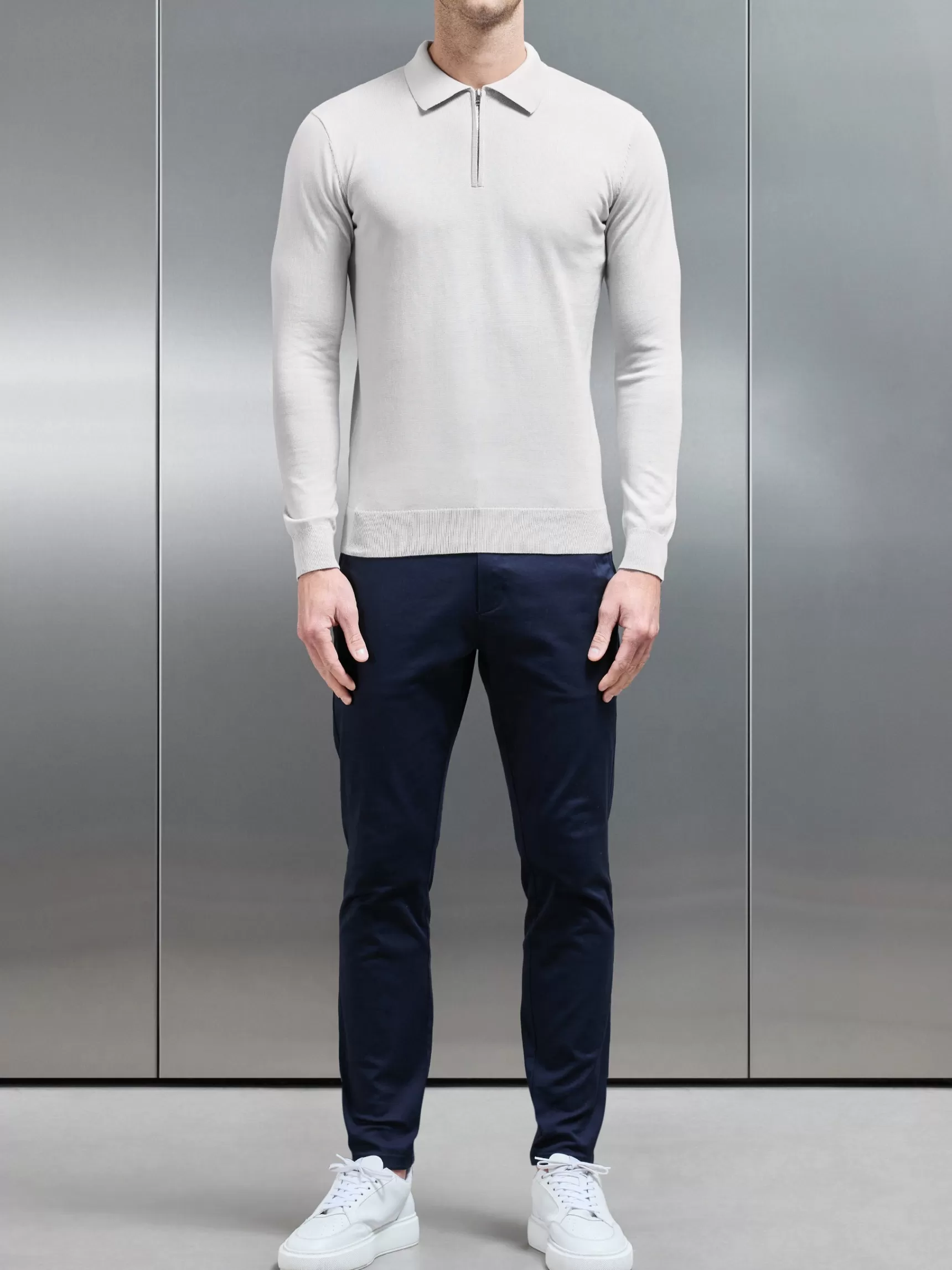 Clearance ARNE Cotton Knitted Long Sleeve Half Zip Polo Shirt - Mid Grey MidGrey