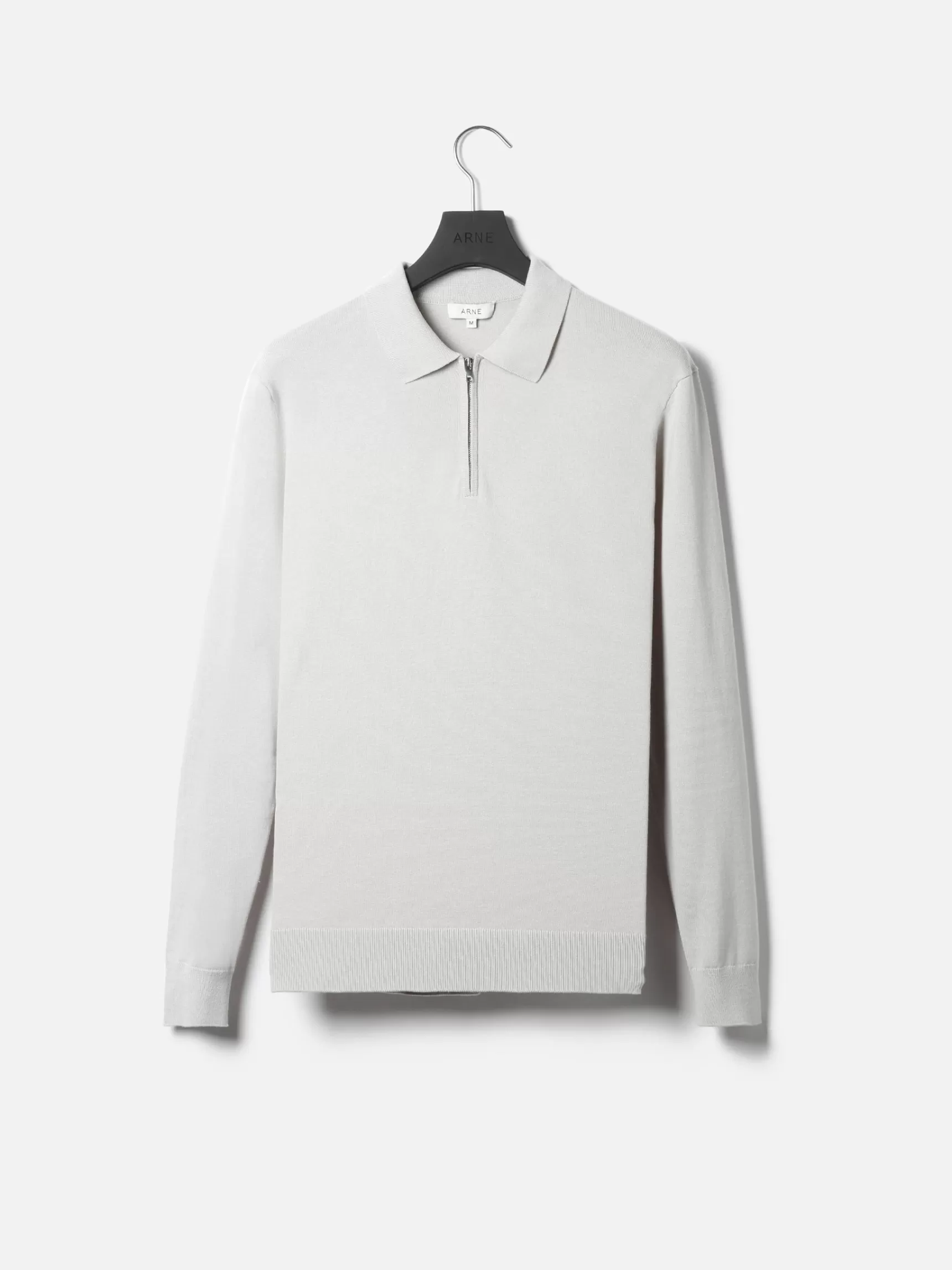 Clearance ARNE Cotton Knitted Long Sleeve Half Zip Polo Shirt - Mid Grey MidGrey