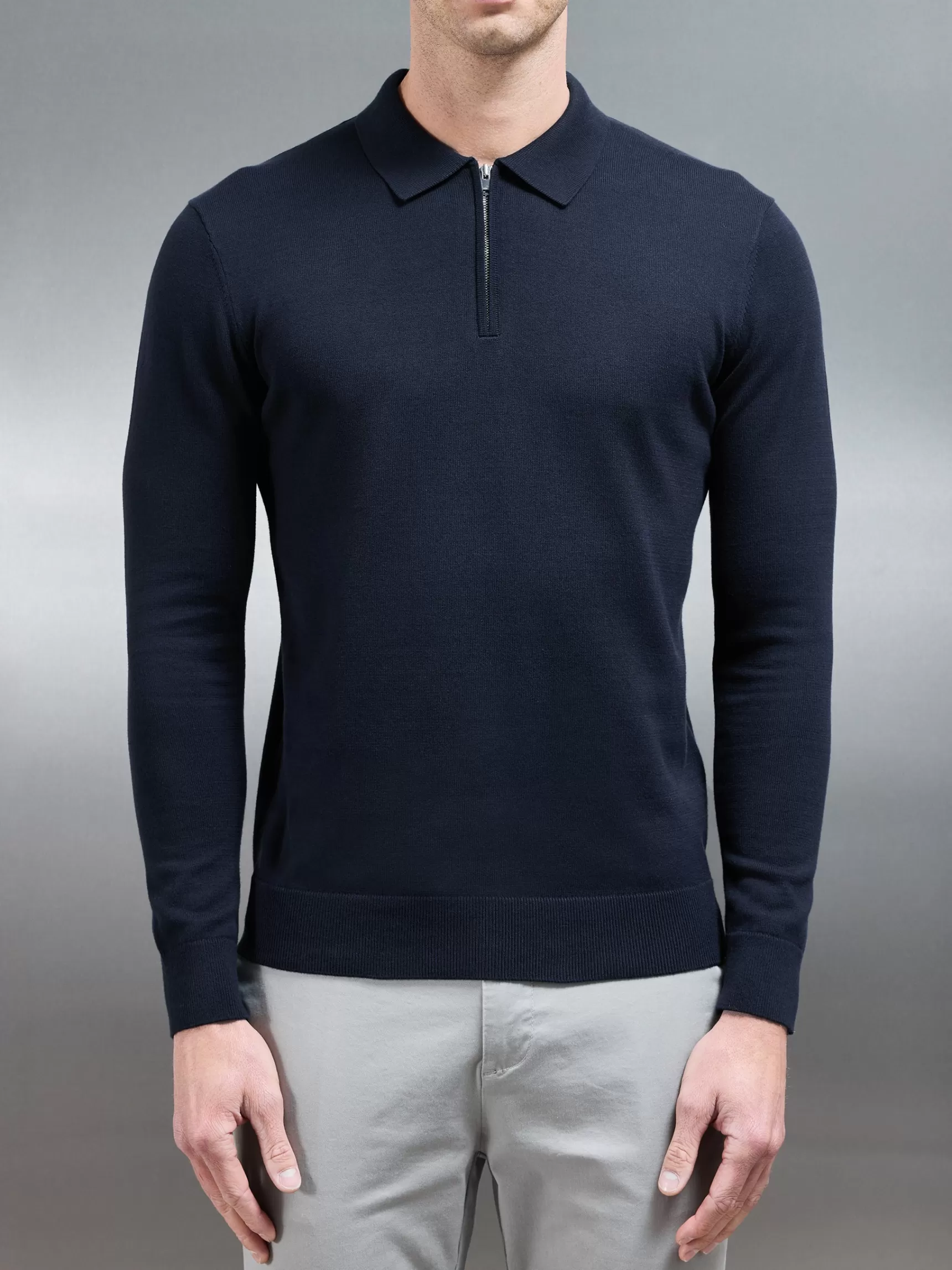 Best ARNE Cotton Knitted Long Sleeve Half Zip Polo Shirt - Navy