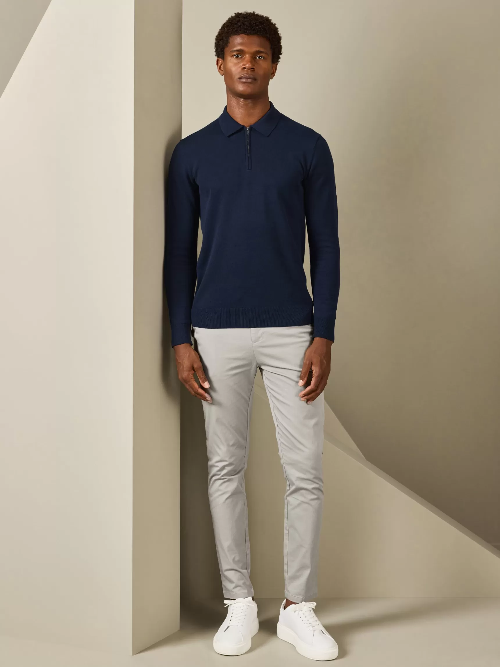 Best ARNE Cotton Knitted Long Sleeve Half Zip Polo Shirt - Navy