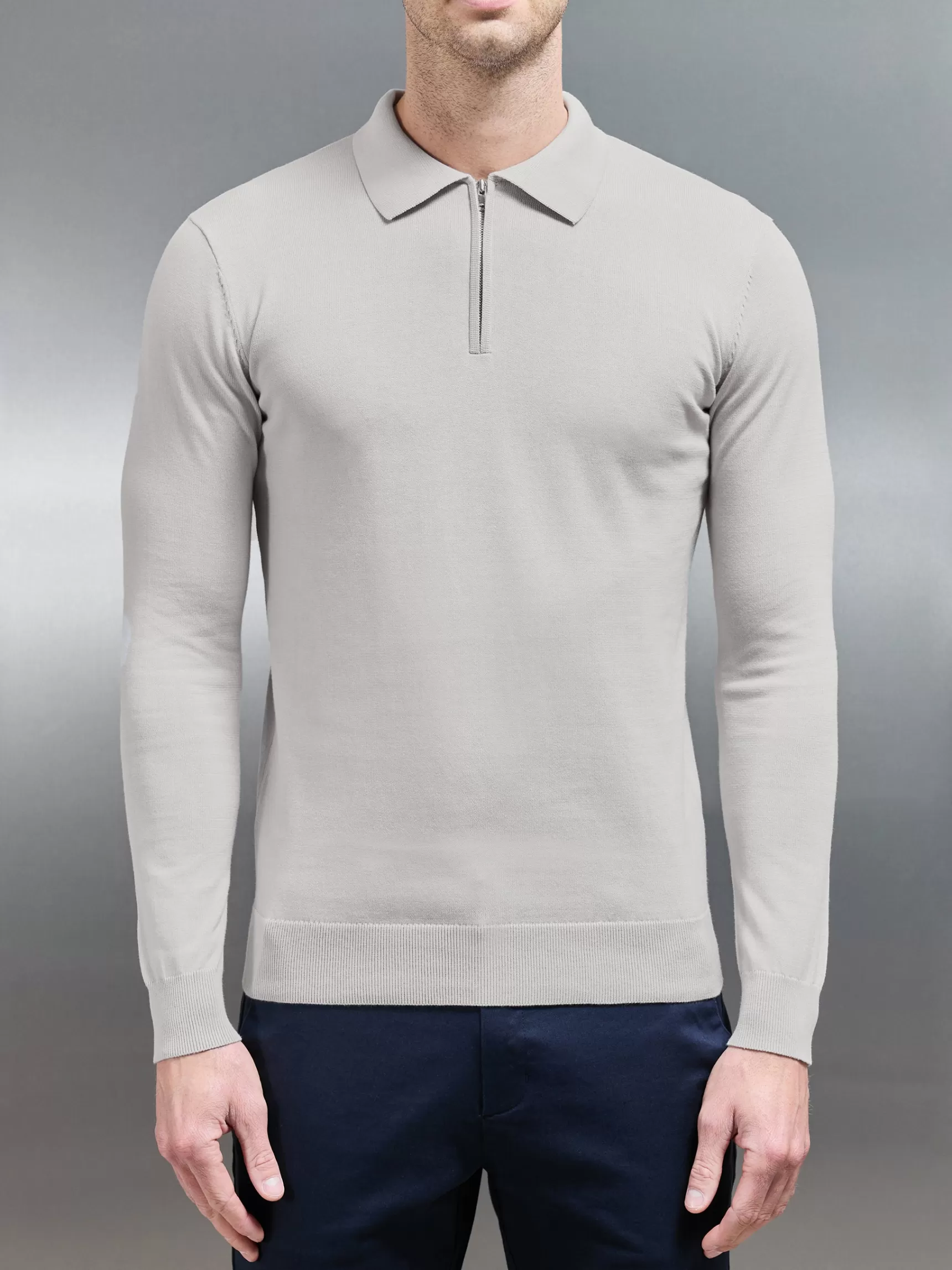 Cheap ARNE Cotton Knitted Long Sleeve Half Zip Polo Shirt - Oatmeal