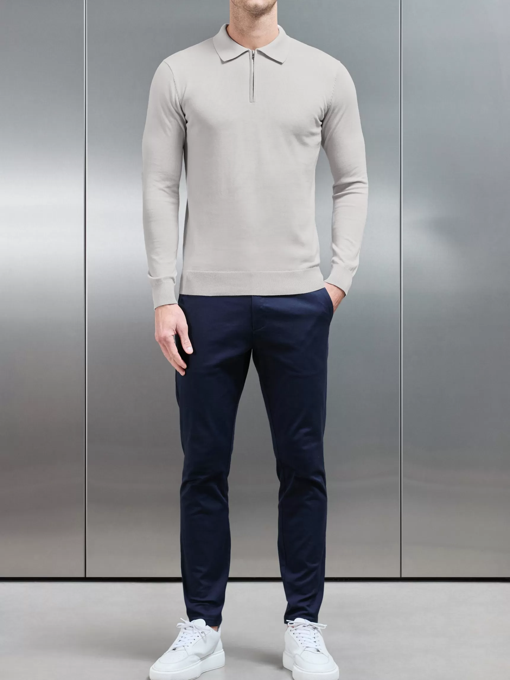 Cheap ARNE Cotton Knitted Long Sleeve Half Zip Polo Shirt - Oatmeal