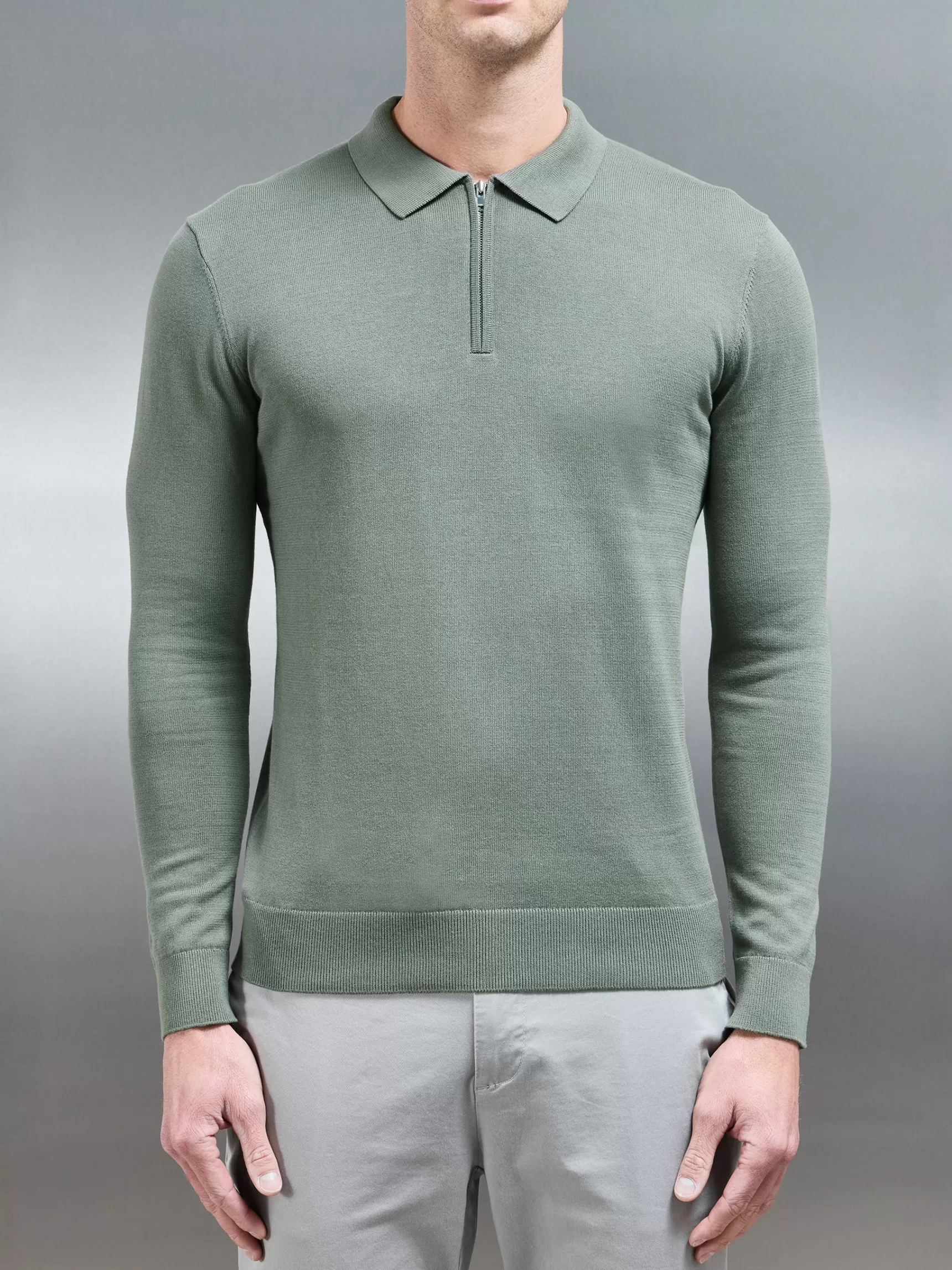 Best Sale ARNE Cotton Knitted Long Sleeve Half Zip Polo Shirt - Sage