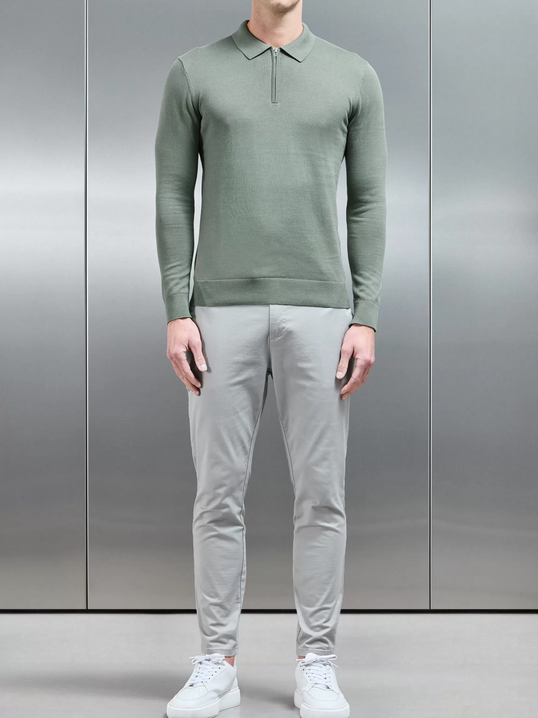 Best Sale ARNE Cotton Knitted Long Sleeve Half Zip Polo Shirt - Sage