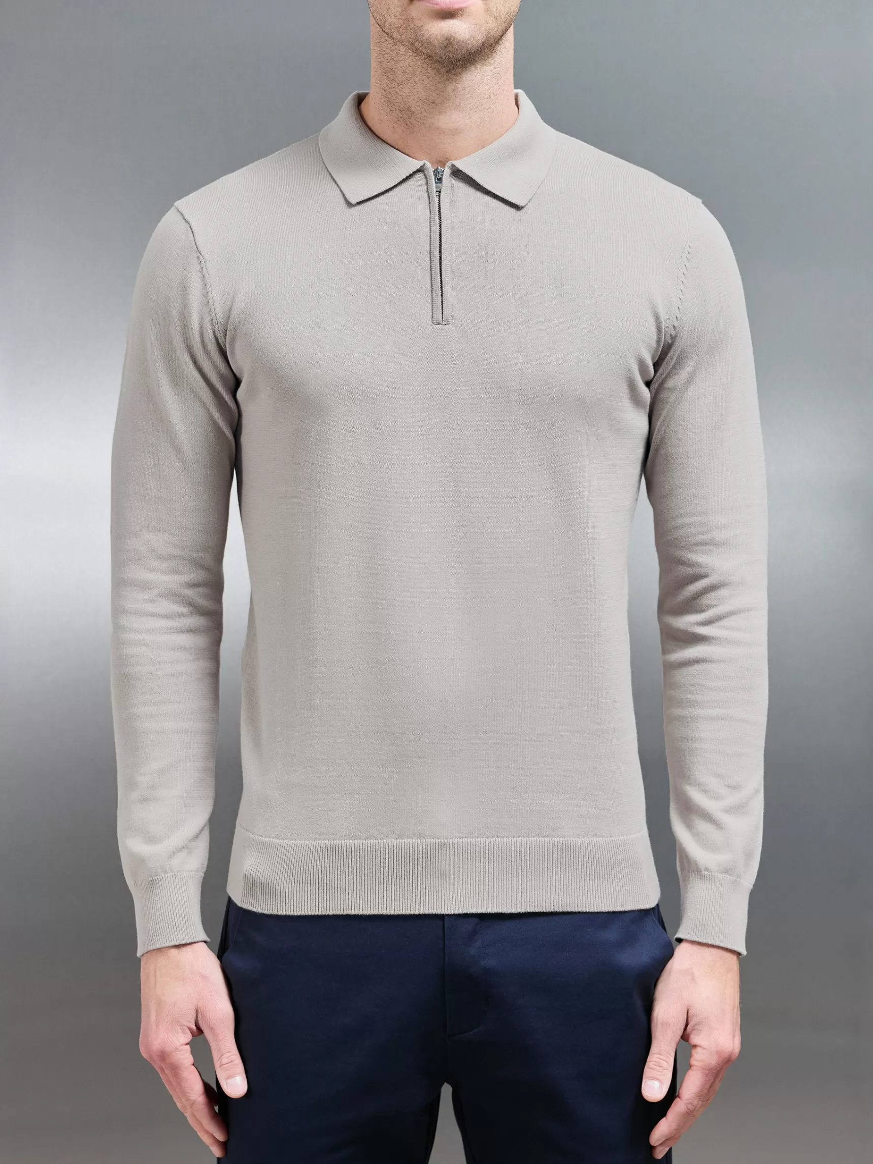 Sale ARNE Cotton Knitted Long Sleeve Half Zip Polo Shirt - Stone