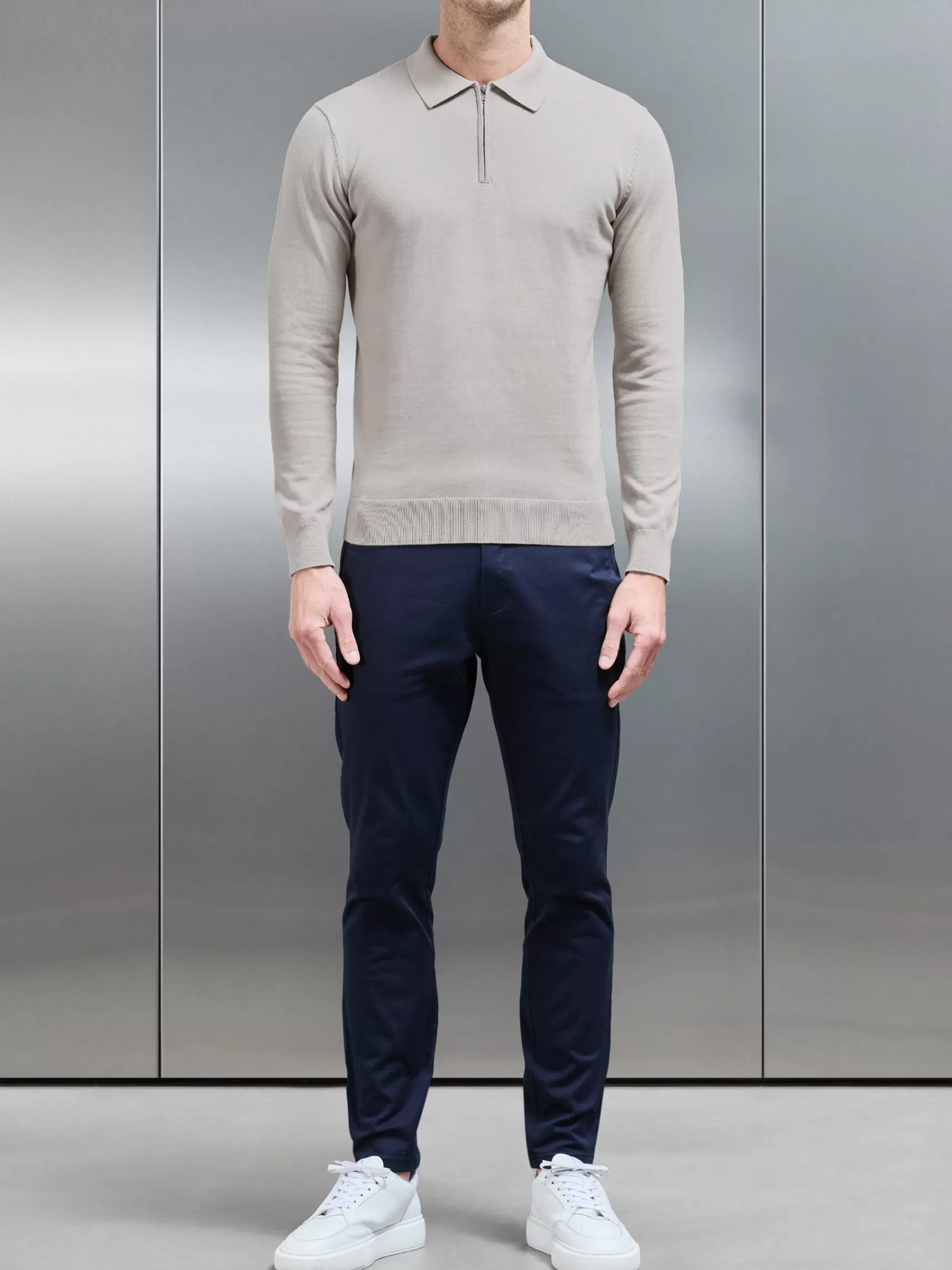 Sale ARNE Cotton Knitted Long Sleeve Half Zip Polo Shirt - Stone