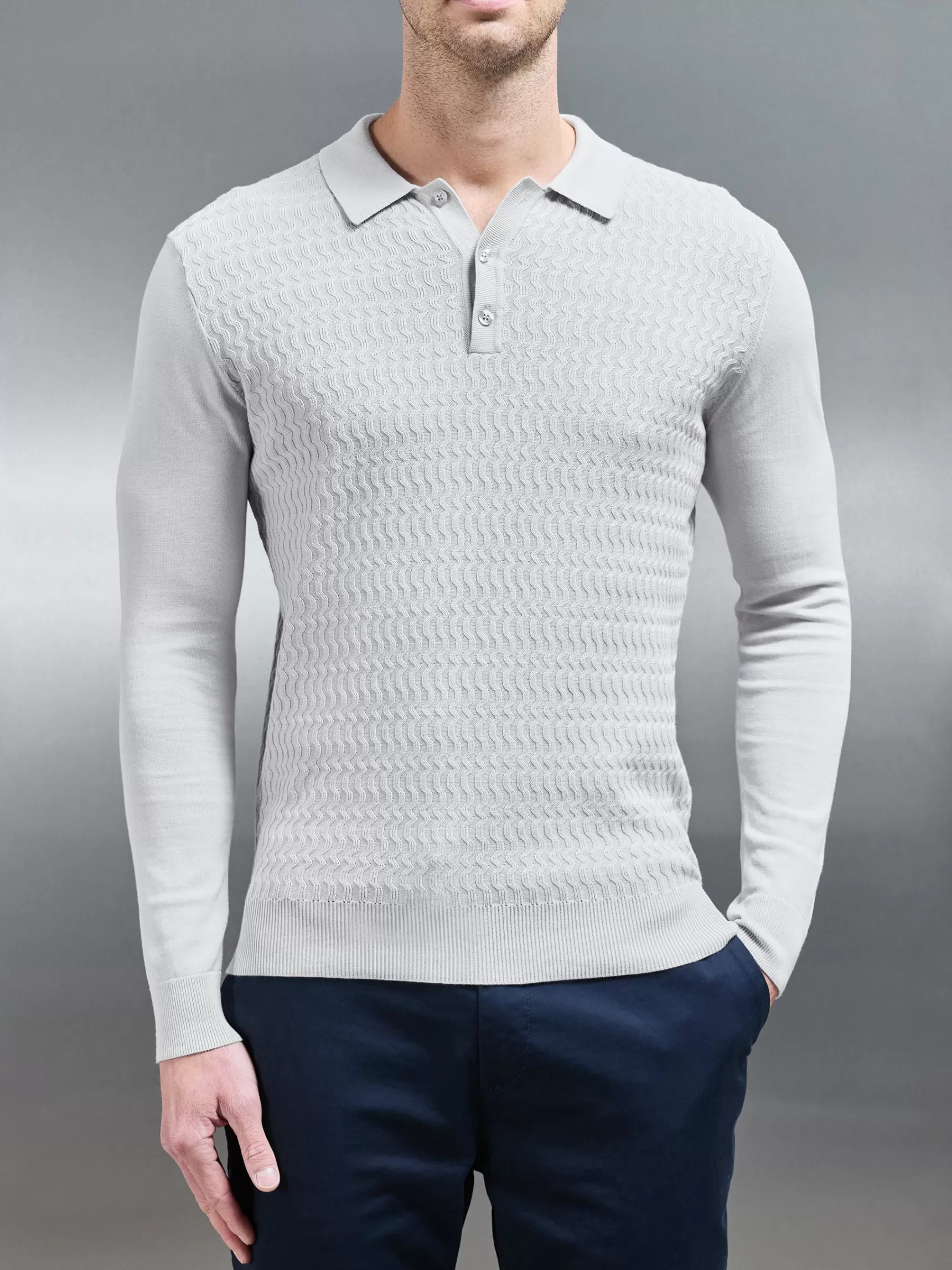 Discount ARNE Cotton Knitted Long Sleeve Textured Polo Shirt - Mid Grey MidGrey