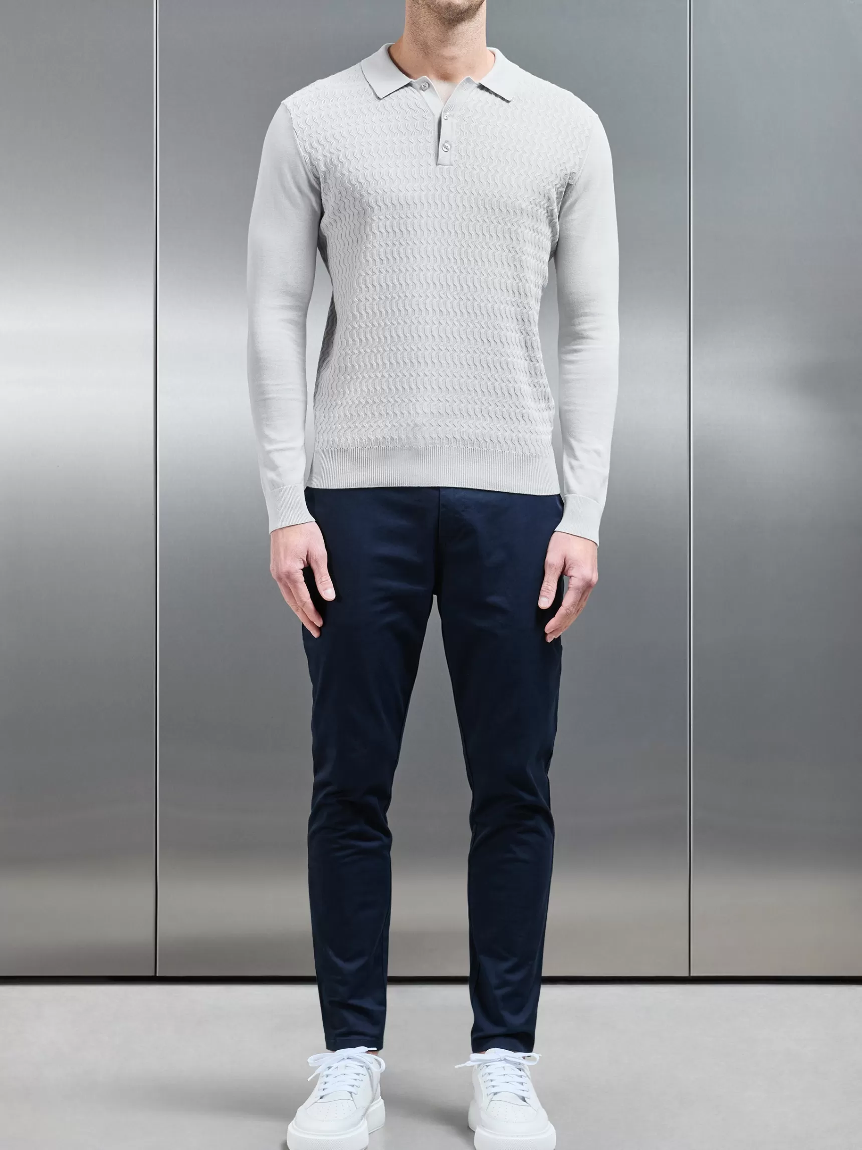 Discount ARNE Cotton Knitted Long Sleeve Textured Polo Shirt - Mid Grey MidGrey