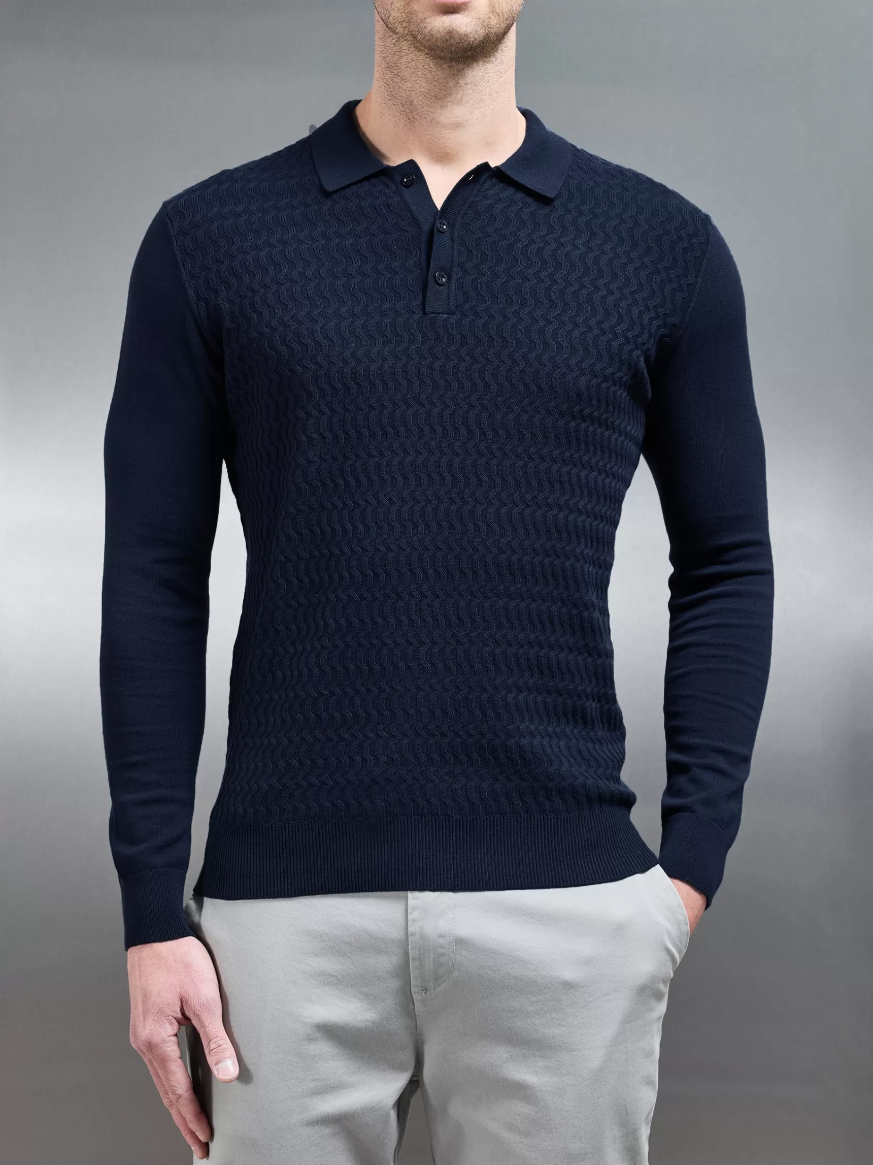 Cheap ARNE Cotton Knitted Long Sleeve Textured Polo Shirt - Navy