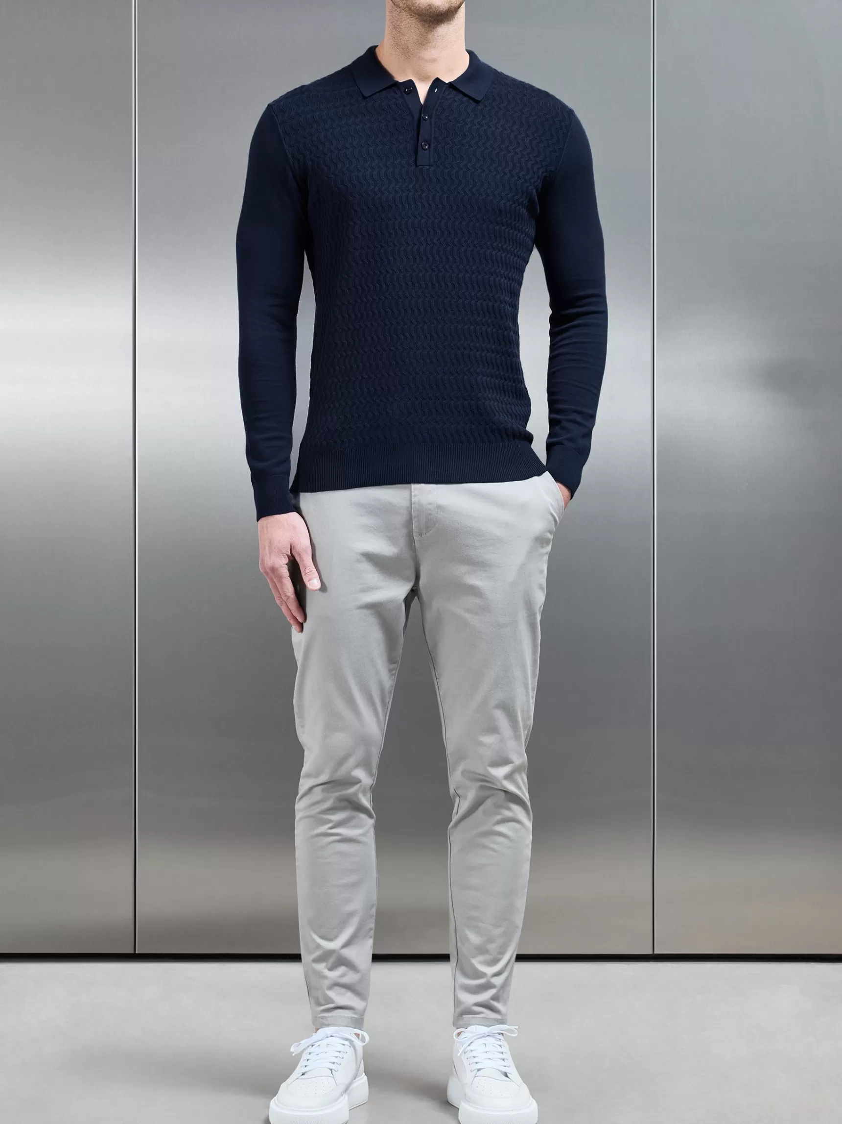 Cheap ARNE Cotton Knitted Long Sleeve Textured Polo Shirt - Navy