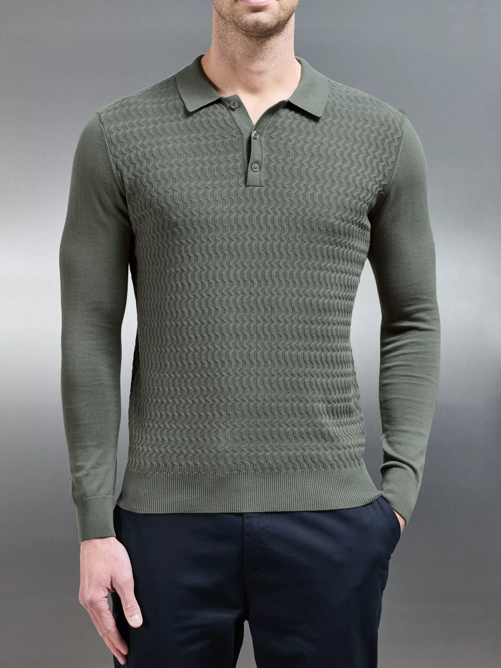 Shop ARNE Cotton Knitted Long Sleeve Textured Polo Shirt - Sage
