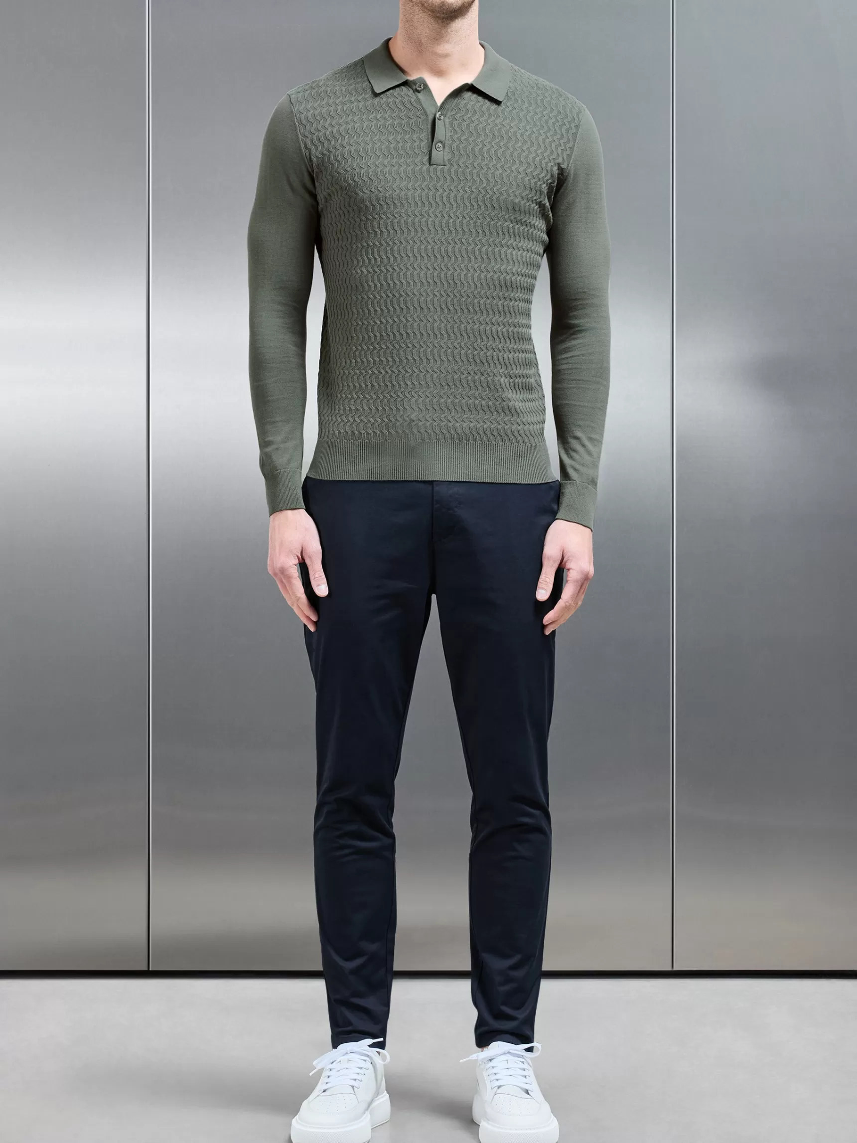 Shop ARNE Cotton Knitted Long Sleeve Textured Polo Shirt - Sage