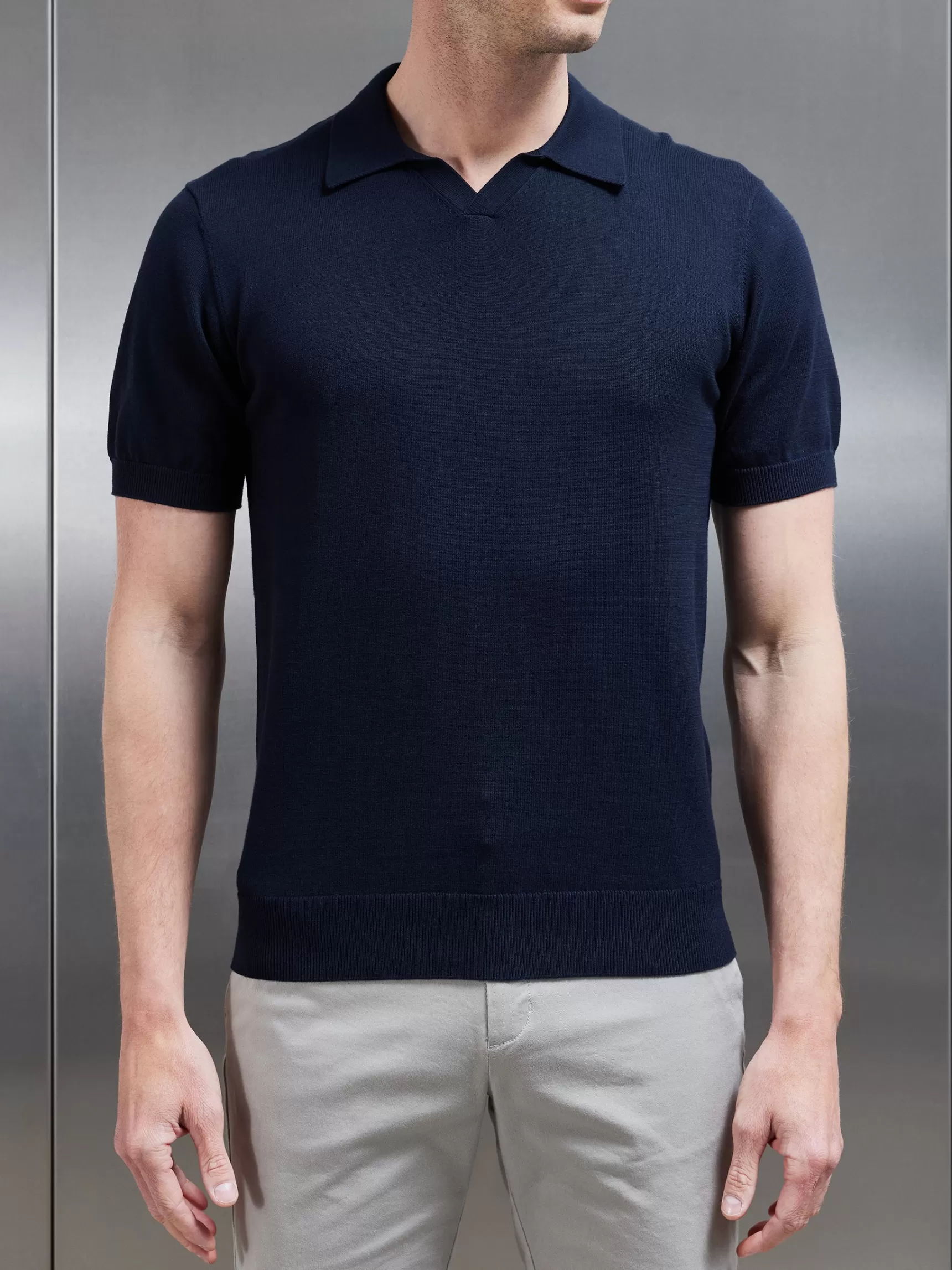Store ARNE Cotton Knitted Revere Collar Polo Shirt - Navy